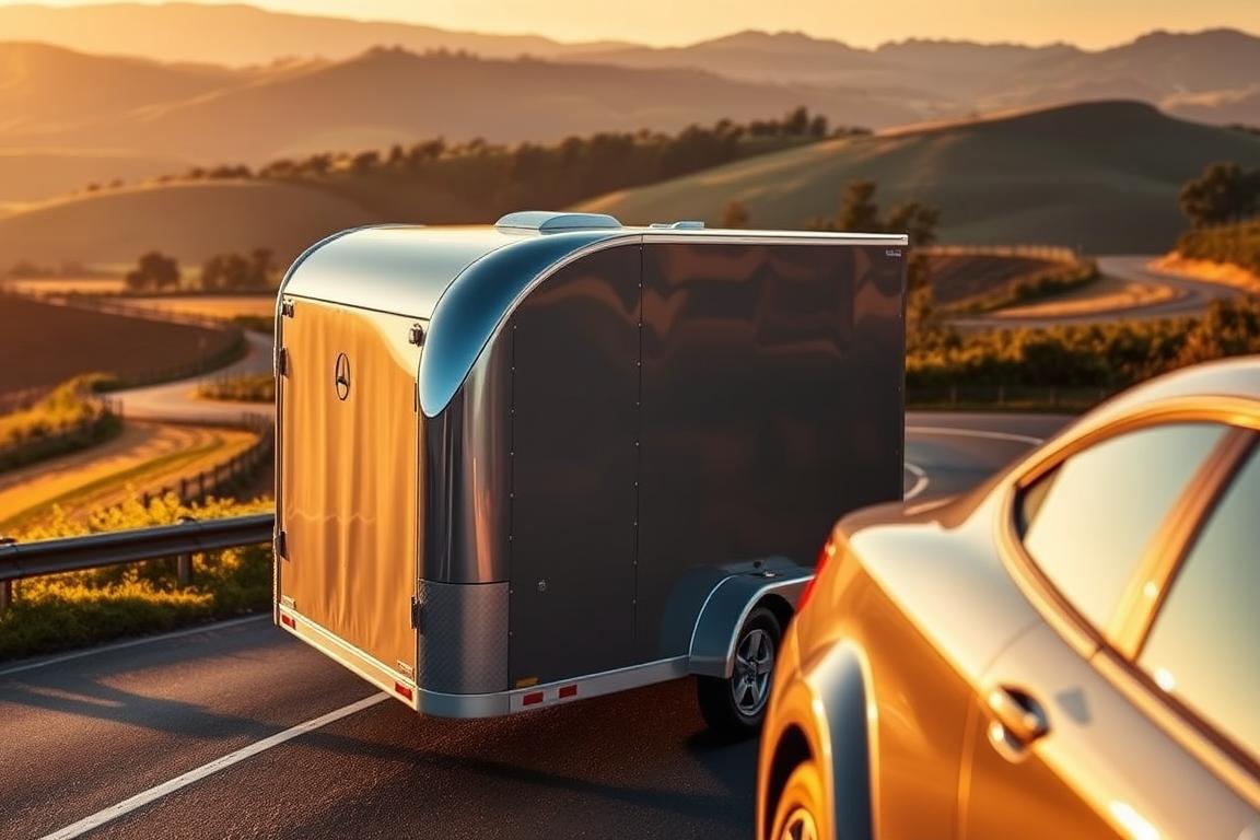 A sleek, enclosed car transport trailer navigates winding roads, its metallic exterior gleaming under warm, golden-hour lighting. The trailer's aerodynamic design and sturdy frame suggest premium quality, offering a secure and weather-protected journey for the vehicles within. In the foreground, the trailer's side panel displays a subtle, minimalist logo, hinting at the high-end service provided. The background features a picturesque countryside landscape, with rolling hills and lush, verdant foliage, creating a serene and tranquil atmosphere. The entire scene conveys a sense of professionalism, reliability, and the importance of safeguarding one's valuable automobile during transport. A sleek, enclosed car transport trailer navigates winding roads, its metallic exterior gleaming under warm, golden-hour lighting. The trailer's aerodynamic design and sturdy frame suggest premium quality, offering a secure and weather-protected journey for the vehicles within. In the foreground, the trailer's side panel displays a subtle, minimalist logo, hinting at the high-end service provided. The background features a picturesque countryside landscape, with rolling hills and lush, verdant foliage, creating a serene and tranquil atmosphere. The entire scene conveys a sense of professionalism, reliability, and the importance of safeguarding one's valuable automobile during transport.