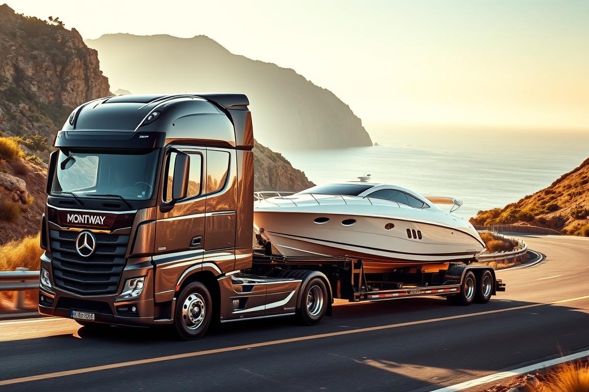 A sleek, modern Montway boat transport truck navigates a winding coastal highway, its metallic exterior gleaming in the warm afternoon sunlight. The truck's cab features a bold, streamlined design, with sharp contours and a powerful stance. In the middle ground, a custom-built trailer securely cradles a majestic, gleaming white boat, its hull reflecting the surrounding landscape. The background reveals a picturesque seaside scene, with rugged cliffs, lush vegetation, and a stunning ocean view stretching out to the horizon. The overall atmosphere conveys a sense of efficiency, professionalism, and the reliable transportation of valuable watercraft. A sleek, modern Montway boat transport truck navigates a winding coastal highway, its metallic exterior gleaming in the warm afternoon sunlight. The truck's cab features a bold, streamlined design, with sharp contours and a powerful stance. In the middle ground, a custom-built trailer securely cradles a majestic, gleaming white boat, its hull reflecting the surrounding landscape. The background reveals a picturesque seaside scene, with rugged cliffs, lush vegetation, and a stunning ocean view stretching out to the horizon. The overall atmosphere conveys a sense of efficiency, professionalism, and the reliable transportation of valuable watercraft.