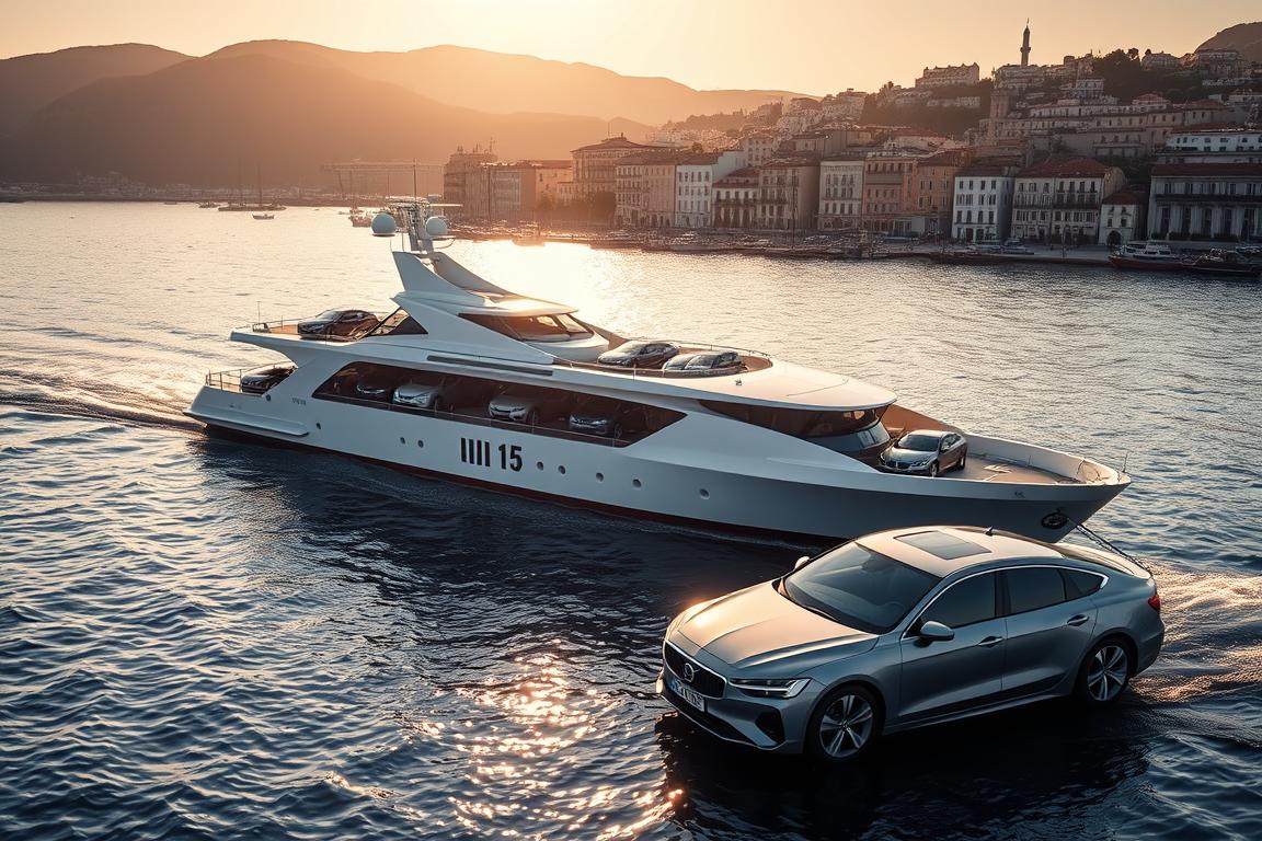 A sleek, modern car carrier ship gliding across the tranquil waters of the European coast, against a backdrop of a picturesque harbor town. Sunlight casts a warm glow, illuminating the ship's streamlined design and the rows of carefully secured automobiles on its deck. In the foreground, a lone car, emblematic of the U.S. export, stands prominently, its gleaming chrome and bold silhouette reflecting the effortless simplicity of car shipping to Europe for American owners. Crisp, high-resolution details capture the precision and care involved in this international transport process, conveying a sense of efficiency and reliability. A sleek, modern car carrier ship gliding across the tranquil waters of the European coast, against a backdrop of a picturesque harbor town. Sunlight casts a warm glow, illuminating the ship's streamlined design and the rows of carefully secured automobiles on its deck. In the foreground, a lone car, emblematic of the U.S. export, stands prominently, its gleaming chrome and bold silhouette reflecting the effortless simplicity of car shipping to Europe for American owners. Crisp, high-resolution details capture the precision and care involved in this international transport process, conveying a sense of efficiency and reliability.