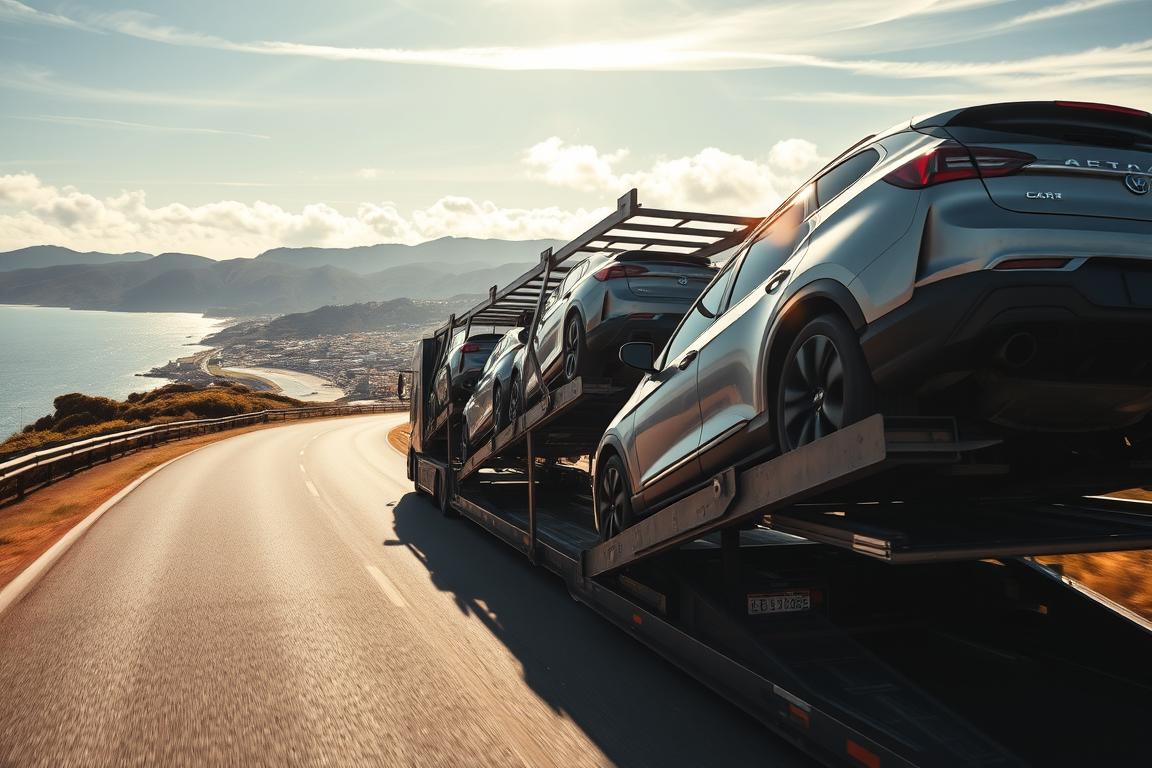A sleek, modern car carrier transporting several vehicles along a winding coastal highway. The carrier's hydraulic ramps gently lift the cars onto its multi-level decks, secured by sturdy tie-downs. Bright sunlight filters through wispy clouds, casting a warm glow over the scene. In the background, a picturesque seaside town nestled between rolling hills comes into view. The camera angle emphasizes the efficient, streamlined process of car shipping, conveying a sense of simplicity and convenience. A sleek, modern car carrier transporting several vehicles along a winding coastal highway. The carrier's hydraulic ramps gently lift the cars onto its multi-level decks, secured by sturdy tie-downs. Bright sunlight filters through wispy clouds, casting a warm glow over the scene. In the background, a picturesque seaside town nestled between rolling hills comes into view. The camera angle emphasizes the efficient, streamlined process of car shipping, conveying a sense of simplicity and convenience.