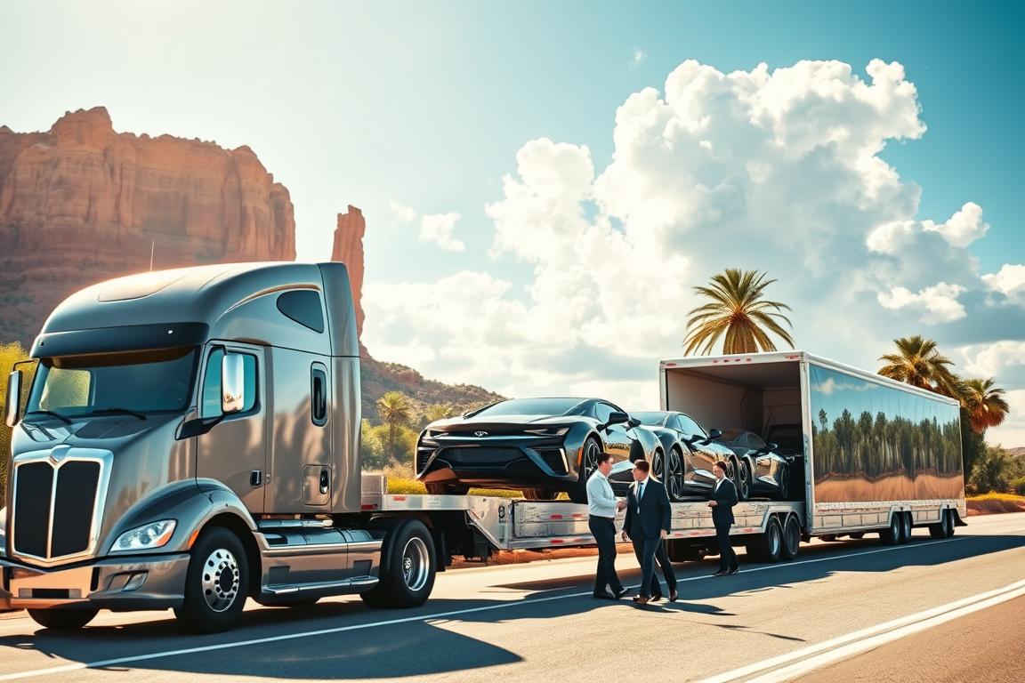 A sleek, modern car transport truck is parked on the side of a sunlit highway, with a backdrop showing a scenic view of both Utah’s red rock formations and Florida’s lush greenery. In the foreground, focus on the truck's shiny exterior and the logistics team, dressed in professional business attire, discussing the urgent shipment of vehicles inside the transport trailer. The middle ground features several luxury cars being loaded onto the truck, highlighting the expedited service aspect. The background captures a bright blue sky with soft, fluffy clouds, creating a sense of urgency and efficiency. The lighting is bright and warm, symbolizing a clear, sunny day, emphasizing the smooth and stress-free experience of auto transport. The angle is slightly elevated to provide a comprehensive view of the operation while maintaining a professional atmosphere. A sleek, modern car transport truck is parked on the side of a sunlit highway, with a backdrop showing a scenic view of both Utah’s red rock formations and Florida’s lush greenery. In the foreground, focus on the truck's shiny exterior and the logistics team, dressed in professional business attire, discussing the urgent shipment of vehicles inside the transport trailer. The middle ground features several luxury cars being loaded onto the truck, highlighting the expedited service aspect. The background captures a bright blue sky with soft, fluffy clouds, creating a sense of urgency and efficiency. The lighting is bright and warm, symbolizing a clear, sunny day, emphasizing the smooth and stress-free experience of auto transport. The angle is slightly elevated to provide a comprehensive view of the operation while maintaining a professional atmosphere.