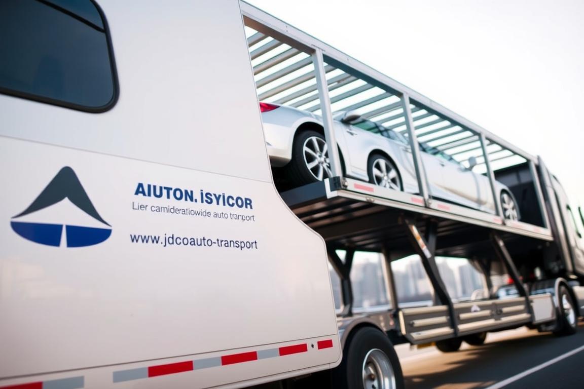 A sleek, modern car transport truck stands tall, its metallic frame glinting in the sunlight. The vehicle's wide cargo bed is ready to securely carry a range of automobiles, from sedans to SUVs, with precision and care. In the foreground, the truck's side panel displays the logo and branding of a reputable door-to-door auto shipping service, conveying a sense of professionalism and reliability. The background features a smooth, urban cityscape, suggesting the truck's ability to navigate the streets and deliver vehicles directly to customers' doorsteps. Soft, diffused lighting and a slightly low camera angle lend an air of elegance and authority to the scene, capturing the essence of trusted, nationwide auto transport. A sleek, modern car transport truck stands tall, its metallic frame glinting in the sunlight. The vehicle's wide cargo bed is ready to securely carry a range of automobiles, from sedans to SUVs, with precision and care. In the foreground, the truck's side panel displays the logo and branding of a reputable door-to-door auto shipping service, conveying a sense of professionalism and reliability. The background features a smooth, urban cityscape, suggesting the truck's ability to navigate the streets and deliver vehicles directly to customers' doorsteps. Soft, diffused lighting and a slightly low camera angle lend an air of elegance and authority to the scene, capturing the essence of trusted, nationwide auto transport.