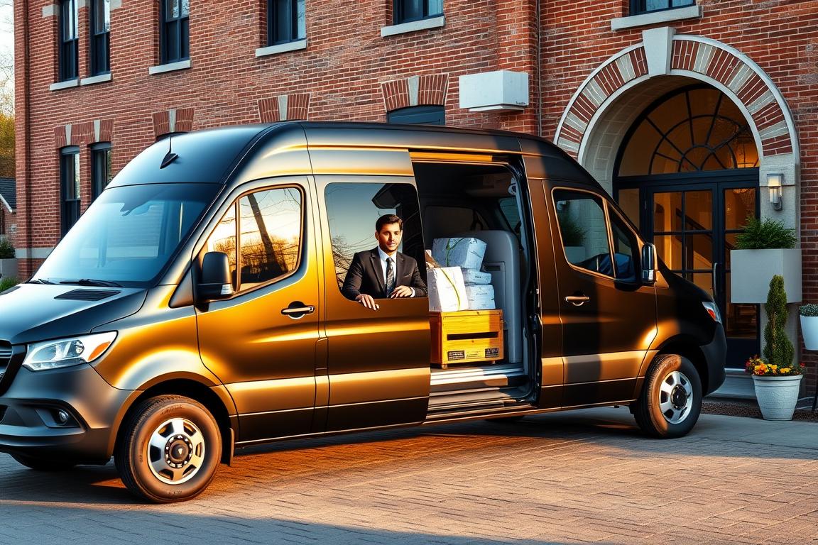 A sleek, modern cargo van in matte black pulls up to a stately brick building, its chrome trim and tinted windows reflecting the golden afternoon sunlight. The driver, dressed in a professional uniform, steps out and opens the side door, revealing a spacious, well-organized interior filled with carefully secured packages. A row of potted plants and a tasteful lobby sign indicate this is the entrance to a trusted shipping company, where customers can confidently entrust their valuables for door-to-door transport. The scene conveys a sense of professionalism, reliability, and attention to detail, perfectly capturing the essence of a reputable auto shipping service. A sleek, modern cargo van in matte black pulls up to a stately brick building, its chrome trim and tinted windows reflecting the golden afternoon sunlight. The driver, dressed in a professional uniform, steps out and opens the side door, revealing a spacious, well-organized interior filled with carefully secured packages. A row of potted plants and a tasteful lobby sign indicate this is the entrance to a trusted shipping company, where customers can confidently entrust their valuables for door-to-door transport. The scene conveys a sense of professionalism, reliability, and attention to detail, perfectly capturing the essence of a reputable auto shipping service.