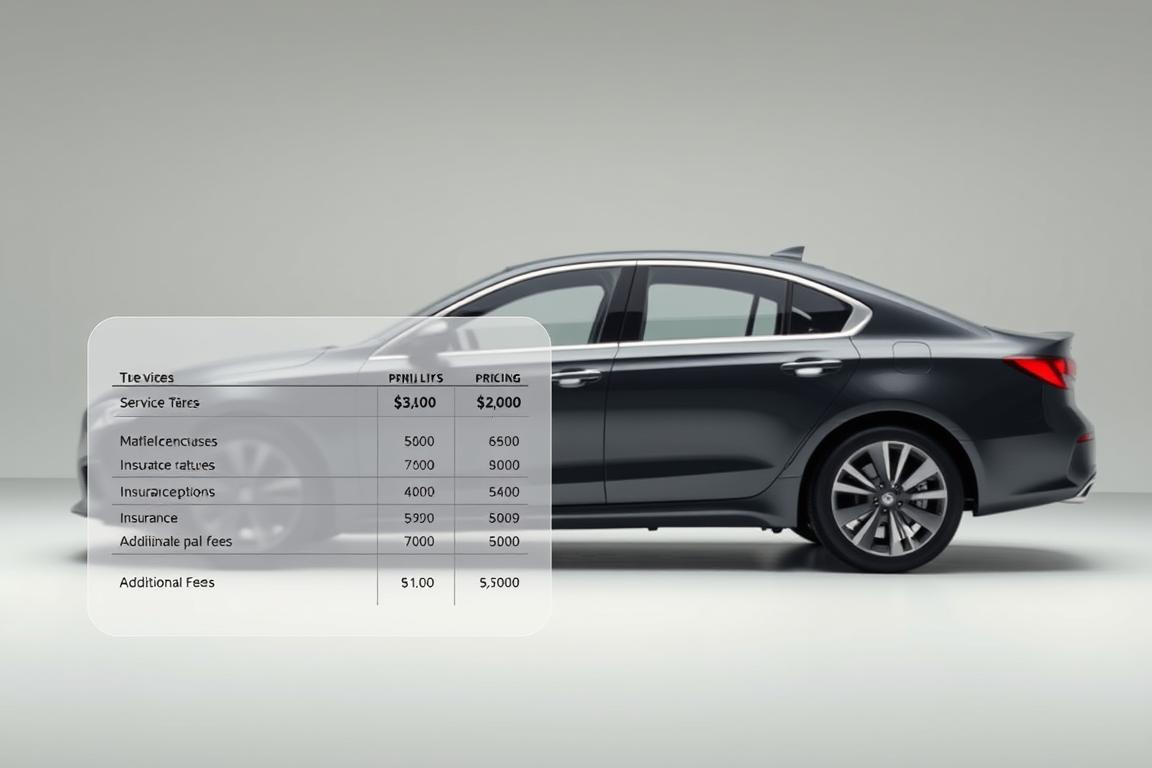 A sleek, modern sedan positioned in a minimalist studio setting, illuminated by soft, diffused lighting. The vehicle's side profile is prominently featured, showcasing its elegant lines and curves. In the foreground, a transparent pricing chart hovers, displaying detailed cost breakdowns for various service tiers, insurance options, and additional fees. The background is a clean, neutral palette, allowing the car and pricing information to be the focal points. The overall atmosphere conveys a sense of professionalism, transparency, and attention to detail, setting the stage for a seamless and informed decision-making process for the prospective customer. A sleek, modern sedan positioned in a minimalist studio setting, illuminated by soft, diffused lighting. The vehicle's side profile is prominently featured, showcasing its elegant lines and curves. In the foreground, a transparent pricing chart hovers, displaying detailed cost breakdowns for various service tiers, insurance options, and additional fees. The background is a clean, neutral palette, allowing the car and pricing information to be the focal points. The overall atmosphere conveys a sense of professionalism, transparency, and attention to detail, setting the stage for a seamless and informed decision-making process for the prospective customer.