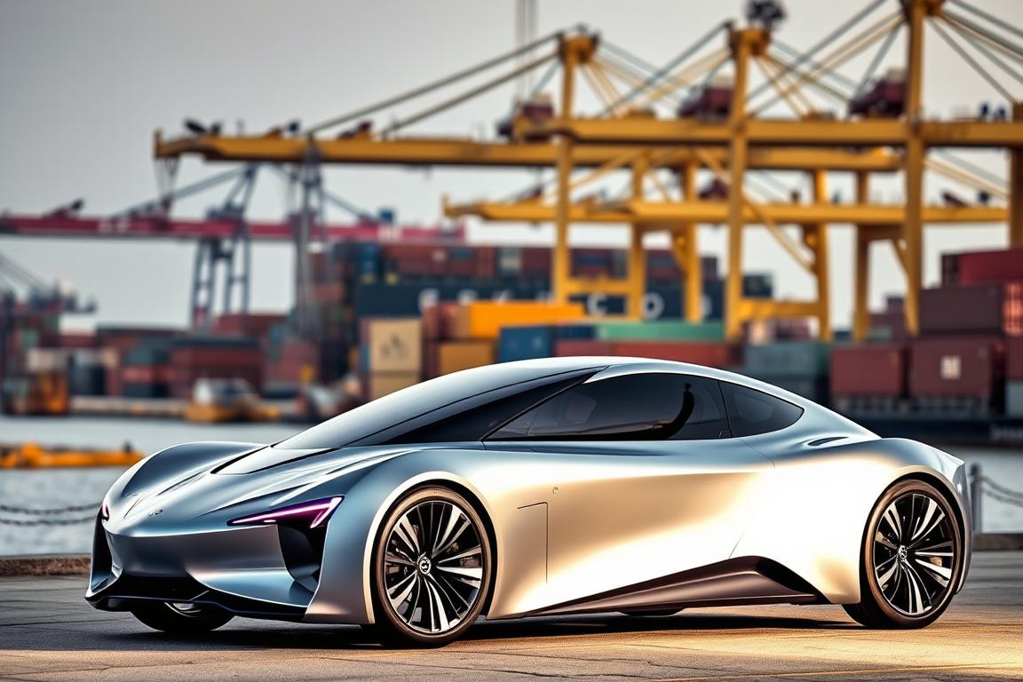 A sleek, modern ship car stands prominently in the foreground, its aerodynamic design and gleaming metallic finish catching the eye. In the middle ground, a bustling port scene unfolds, with cargo containers and cranes in the background, suggesting the efficient transportation and logistics involved in importing vehicles. The lighting is soft and diffuse, casting gentle shadows and highlighting the curves of the ship car, creating a sense of depth and dimension. The overall atmosphere conveys a mood of efficiency, innovation, and cost-effectiveness - the perfect image to illustrate "smart ways to save" when importing a car from the UK. A sleek, modern ship car stands prominently in the foreground, its aerodynamic design and gleaming metallic finish catching the eye. In the middle ground, a bustling port scene unfolds, with cargo containers and cranes in the background, suggesting the efficient transportation and logistics involved in importing vehicles. The lighting is soft and diffuse, casting gentle shadows and highlighting the curves of the ship car, creating a sense of depth and dimension. The overall atmosphere conveys a mood of efficiency, innovation, and cost-effectiveness - the perfect image to illustrate "smart ways to save" when importing a car from the UK.