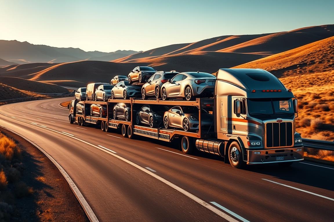 A sleek, silver car carrier truck navigates a winding highway, its expansive trailer loaded with a diverse array of vehicles - compact sedans, rugged SUVs, and sporty coupes. The scene is bathed in warm, golden sunlight, casting long shadows and highlighting the intricate details of the truck and its cargo. In the background, rolling hills and a clear blue sky create a serene, picturesque landscape. The overall atmosphere conveys the efficiency and reliability of professional car shipping, reflecting the practical and cost-effective nature of this essential transportation service. A sleek, silver car carrier truck navigates a winding highway, its expansive trailer loaded with a diverse array of vehicles - compact sedans, rugged SUVs, and sporty coupes. The scene is bathed in warm, golden sunlight, casting long shadows and highlighting the intricate details of the truck and its cargo. In the background, rolling hills and a clear blue sky create a serene, picturesque landscape. The overall atmosphere conveys the efficiency and reliability of professional car shipping, reflecting the practical and cost-effective nature of this essential transportation service.