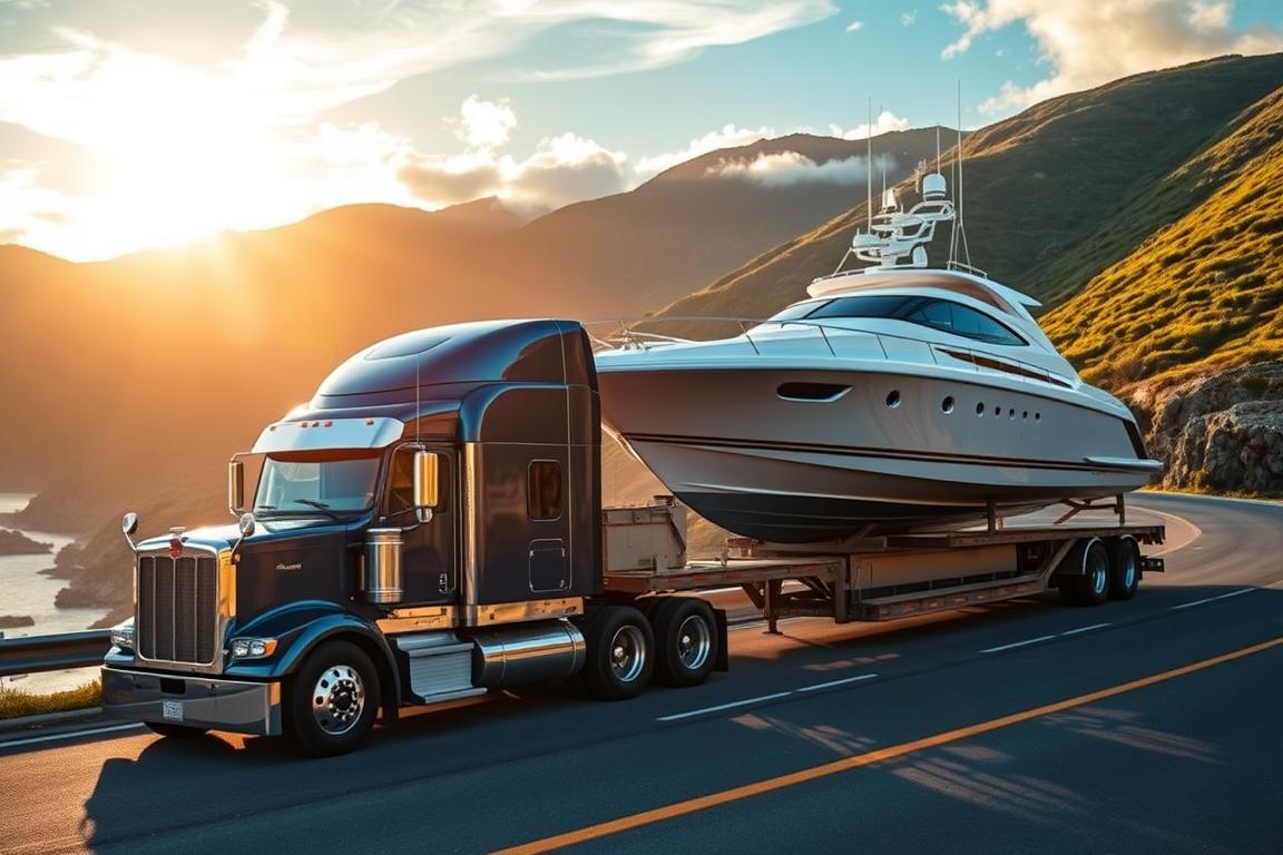A sleek, well-maintained semi-truck hauling a large boat on a double-decker trailer, navigating a winding coastal road with lush, verdant hills in the background. Warm, golden sunlight filters through wispy clouds, casting a serene, almost divine glow over the scene. The truck's metallic blue paintjob gleams, and the trailer's chrome accents catch the light, creating a sense of power and reliability. The boat itself is a magnificent, state-of-the-art vessel, its hull cutting through the air with purpose and grace. This image perfectly captures the essence of John 3:16 Transport, a company committed to delivering high-quality transportation services with unwavering dedication. A sleek, well-maintained semi-truck hauling a large boat on a double-decker trailer, navigating a winding coastal road with lush, verdant hills in the background. Warm, golden sunlight filters through wispy clouds, casting a serene, almost divine glow over the scene. The truck's metallic blue paintjob gleams, and the trailer's chrome accents catch the light, creating a sense of power and reliability. The boat itself is a magnificent, state-of-the-art vessel, its hull cutting through the air with purpose and grace. This image perfectly captures the essence of John 3:16 Transport, a company committed to delivering high-quality transportation services with unwavering dedication.