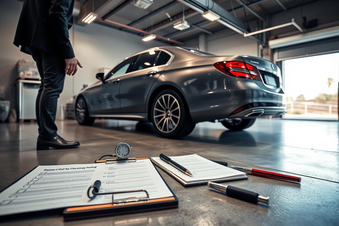 A spacious garage with a clean, polished concrete floor, where a sleek sedan is being carefully prepared for transport. In the foreground, a person in professional business attire checks the vehicle's tire pressure and inspects its exterior for any damages. The middle layer features a checklist on a clipboards, alongside tools like a tire gauge and protective covers. In the background, a cozy, well-lit atmosphere with soft overhead lights, casting gentle shadows that create depth. Outside the garage door, the bright sun shines, hinting at the beautiful Florida scenery beyond. The mood is focused and methodical, highlighting the importance of thorough vehicle preparation before shipping. A spacious garage with a clean, polished concrete floor, where a sleek sedan is being carefully prepared for transport. In the foreground, a person in professional business attire checks the vehicle's tire pressure and inspects its exterior for any damages. The middle layer features a checklist on a clipboards, alongside tools like a tire gauge and protective covers. In the background, a cozy, well-lit atmosphere with soft overhead lights, casting gentle shadows that create depth. Outside the garage door, the bright sun shines, hinting at the beautiful Florida scenery beyond. The mood is focused and methodical, highlighting the importance of thorough vehicle preparation before shipping.