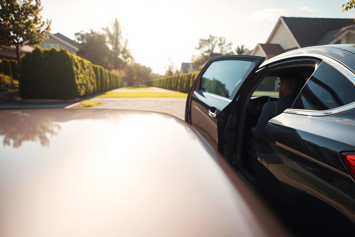 A sunny day on a residential street, a sleek car parked in the driveway. In the foreground, a person standing beside the open door, ready to load a suitcase into the vehicle. The car's shiny surface reflects the warm light, and the door's hinges glint as it swings open, inviting the viewer to imagine the journey ahead. In the background, a row of neatly trimmed hedges and a well-manicured lawn set the scene, conveying a sense of order and tranquility. The overall atmosphere is one of effortless mobility and the anticipation of a comfortable, door-to-door transportation experience. A sunny day on a residential street, a sleek car parked in the driveway. In the foreground, a person standing beside the open door, ready to load a suitcase into the vehicle. The car's shiny surface reflects the warm light, and the door's hinges glint as it swings open, inviting the viewer to imagine the journey ahead. In the background, a row of neatly trimmed hedges and a well-manicured lawn set the scene, conveying a sense of order and tranquility. The overall atmosphere is one of effortless mobility and the anticipation of a comfortable, door-to-door transportation experience.