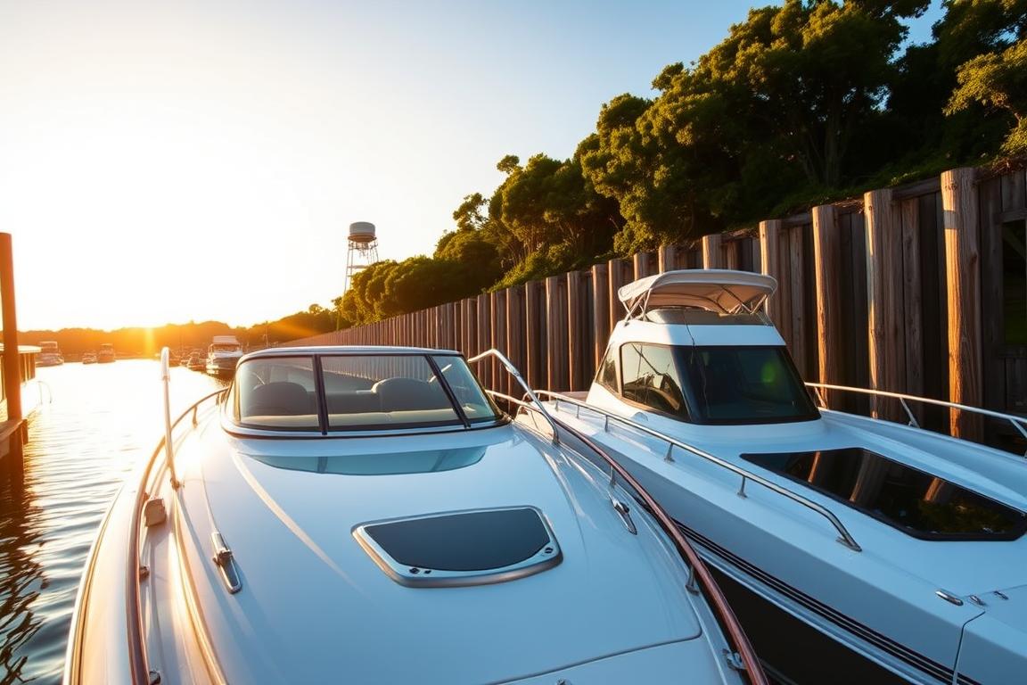 A tranquil harbor scene, a pair of sleek, modern boats moored side-by-side, reflecting the warm glow of the late afternoon sun. The boats are meticulously detailed, their hulls gleaming with a fresh coat of paint, their decks adorned with subtle nautical accents. In the background, a row of weathered wooden docks stretch out, framed by a backdrop of lush greenery and a clear, azure sky. The overall composition evokes a sense of efficiency, reliability, and attention to detail - characteristics that would be well-suited to illustrate a side-by-side comparison of boat hauling services. A tranquil harbor scene, a pair of sleek, modern boats moored side-by-side, reflecting the warm glow of the late afternoon sun. The boats are meticulously detailed, their hulls gleaming with a fresh coat of paint, their decks adorned with subtle nautical accents. In the background, a row of weathered wooden docks stretch out, framed by a backdrop of lush greenery and a clear, azure sky. The overall composition evokes a sense of efficiency, reliability, and attention to detail - characteristics that would be well-suited to illustrate a side-by-side comparison of boat hauling services.