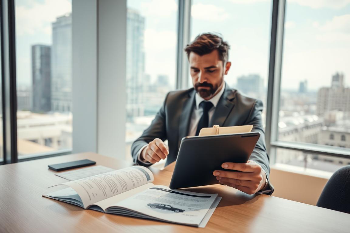 A tranquil office setting with a professional insurance agent discussing vehicle insurance with a client at a modern desk. The foreground features the agent, dressed in business attire, attentively explaining documents about vehicle insurance coverage and claims. The middle layer displays a digital tablet showcasing vehicle insurance options, alongside an open brochure with car illustrations that symbolize coverage types. In the background, large windows let in soft, natural light, illuminating a cityscape view that represents movement and transport. The atmosphere is calm and informative, suggesting peace of mind. Use a wide-angle lens for depth, ensuring a sharp focus on the agent and client, while creating a warm and inviting mood. A tranquil office setting with a professional insurance agent discussing vehicle insurance with a client at a modern desk. The foreground features the agent, dressed in business attire, attentively explaining documents about vehicle insurance coverage and claims. The middle layer displays a digital tablet showcasing vehicle insurance options, alongside an open brochure with car illustrations that symbolize coverage types. In the background, large windows let in soft, natural light, illuminating a cityscape view that represents movement and transport. The atmosphere is calm and informative, suggesting peace of mind. Use a wide-angle lens for depth, ensuring a sharp focus on the agent and client, while creating a warm and inviting mood.