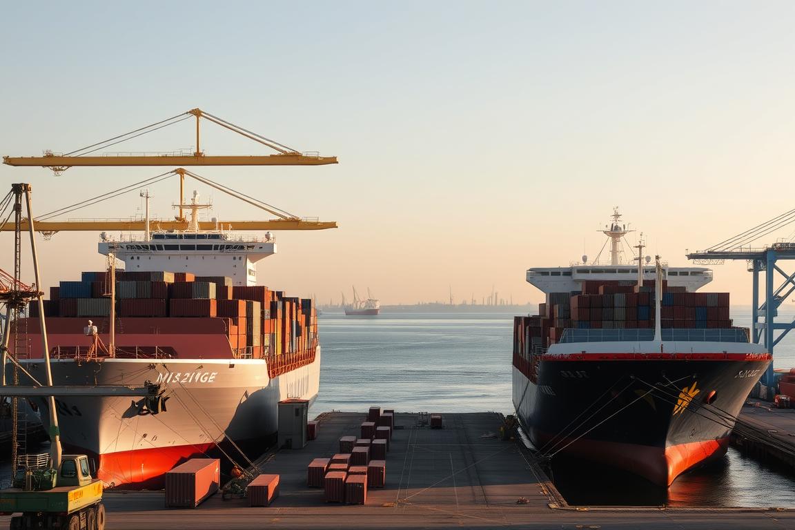 A tranquil scene of two cargo ships docked at a bustling port, their hulls glistening in the warm afternoon sun. In the foreground, stevedores efficiently loading and unloading shipping containers, a well-choreographed dance of mechanical efficiency. In the middle ground, cranes tower overhead, their long arms swinging gracefully as they transport goods between ship and shore. In the distance, a horizon line dotted with more vessels, a testament to the global scale of maritime commerce. The atmosphere is one of quiet industry, a harmony of man and machine working in concert to facilitate the flow of goods across the world's waterways. A tranquil scene of two cargo ships docked at a bustling port, their hulls glistening in the warm afternoon sun. In the foreground, stevedores efficiently loading and unloading shipping containers, a well-choreographed dance of mechanical efficiency. In the middle ground, cranes tower overhead, their long arms swinging gracefully as they transport goods between ship and shore. In the distance, a horizon line dotted with more vessels, a testament to the global scale of maritime commerce. The atmosphere is one of quiet industry, a harmony of man and machine working in concert to facilitate the flow of goods across the world's waterways.