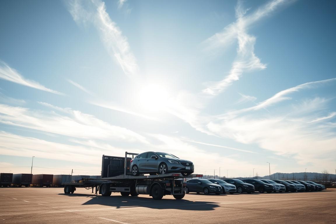 A tranquil, sun-dappled scene of a shipping yard during a mild season. In the foreground, a car carrier truck stands idle, its trailer ready to transport vehicles across the country. The middle ground features a neat row of cars, each awaiting its turn to be loaded. In the background, a clear blue sky is dotted with wispy clouds, casting a serene ambiance over the entire tableau. The lighting is soft and diffused, creating a sense of warmth and calmness. The composition is balanced, drawing the viewer's eye to the central vehicle shipping activity. This image conveys the optimal conditions for cost-effective car transportation, reflecting the "seasonality playbook" theme. A tranquil, sun-dappled scene of a shipping yard during a mild season. In the foreground, a car carrier truck stands idle, its trailer ready to transport vehicles across the country. The middle ground features a neat row of cars, each awaiting its turn to be loaded. In the background, a clear blue sky is dotted with wispy clouds, casting a serene ambiance over the entire tableau. The lighting is soft and diffused, creating a sense of warmth and calmness. The composition is balanced, drawing the viewer's eye to the central vehicle shipping activity. This image conveys the optimal conditions for cost-effective car transportation, reflecting the "seasonality playbook" theme.
