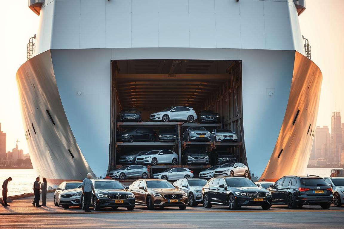 A vast, gleaming vehicle transport ship rests in a harbor, its massive cargo hold open and ready to receive an array of automobiles. The sun casts a warm, golden glow over the scene, reflecting off the ship's metallic hull and the calm waters surrounding it. In the foreground, a group of workers diligently load cars onto the ship using specialized machinery, their movements coordinated and efficient. The middle ground features a mix of compact sedans, sporty coupes, and family-sized SUVs, all pristine and polished, awaiting their journey. In the distance, the bustling city skyline provides a vibrant backdrop, hinting at the diverse destinations these vehicles will ultimately reach. The atmosphere exudes a sense of international commerce and logistics, capturing the essence of modern car shipping. A vast, gleaming vehicle transport ship rests in a harbor, its massive cargo hold open and ready to receive an array of automobiles. The sun casts a warm, golden glow over the scene, reflecting off the ship's metallic hull and the calm waters surrounding it. In the foreground, a group of workers diligently load cars onto the ship using specialized machinery, their movements coordinated and efficient. The middle ground features a mix of compact sedans, sporty coupes, and family-sized SUVs, all pristine and polished, awaiting their journey. In the distance, the bustling city skyline provides a vibrant backdrop, hinting at the diverse destinations these vehicles will ultimately reach. The atmosphere exudes a sense of international commerce and logistics, capturing the essence of modern car shipping.