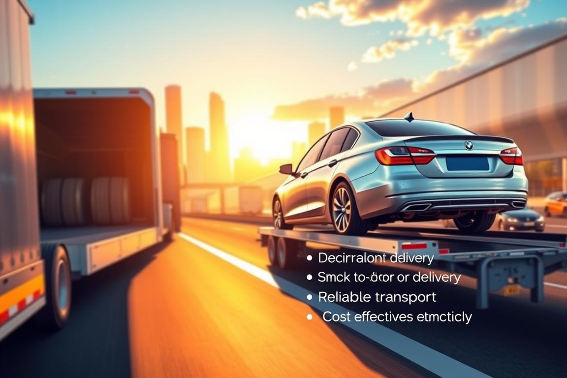 A vibrant, photorealistic illustration showcasing the quick pros and cons of American auto shipping. In the foreground, a shiny, well-maintained car is being loaded onto a car carrier trailer, reflecting the efficiency and convenience of the shipping process. In the middle ground, a series of concise bullet points highlighting the key advantages, such as door-to-door delivery, reliable transport, and cost-effectiveness. In the background, a cityscape with towering skyscrapers and bustling highways, conveying the scale and scope of the American automotive industry. The scene is bathed in warm, golden lighting, creating a sense of professionalism and expertise. Captured with a wide-angle lens to provide a comprehensive view of the subject matter. A vibrant, photorealistic illustration showcasing the quick pros and cons of American auto shipping. In the foreground, a shiny, well-maintained car is being loaded onto a car carrier trailer, reflecting the efficiency and convenience of the shipping process. In the middle ground, a series of concise bullet points highlighting the key advantages, such as door-to-door delivery, reliable transport, and cost-effectiveness. In the background, a cityscape with towering skyscrapers and bustling highways, conveying the scale and scope of the American automotive industry. The scene is bathed in warm, golden lighting, creating a sense of professionalism and expertise. Captured with a wide-angle lens to provide a comprehensive view of the subject matter.