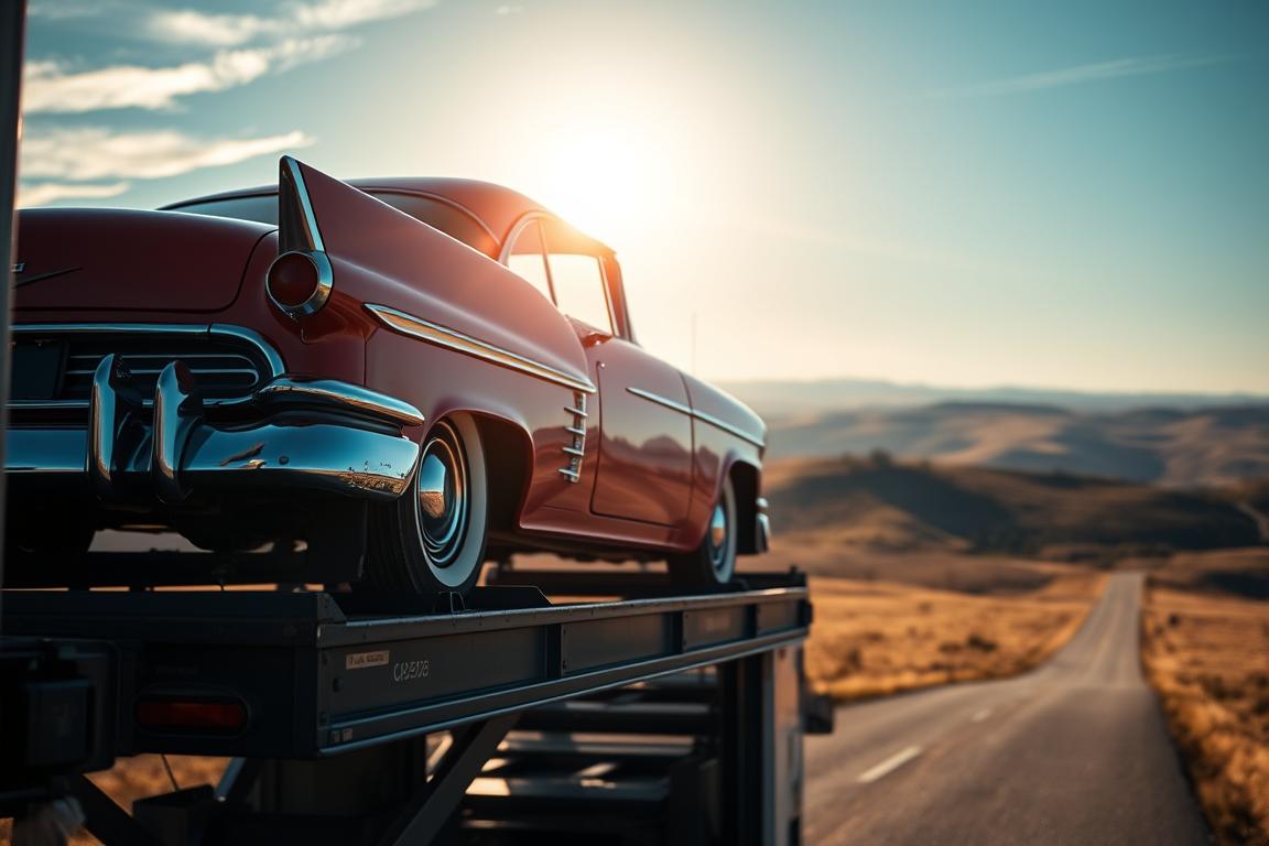 A vintage American automobile resting on a multi-level car carrier, its chrome trim gleaming under the warm afternoon sunlight. In the background, a vast expansive landscape of rolling hills and blue skies, capturing the quintessential spirit of the open road. The composition is framed with a focus on the transport vehicle, emphasizing the expert care and precision of the auto shipping process. The scene conveys a sense of reliability, quality, and the pride associated with moving prized American vehicles across the country. A vintage American automobile resting on a multi-level car carrier, its chrome trim gleaming under the warm afternoon sunlight. In the background, a vast expansive landscape of rolling hills and blue skies, capturing the quintessential spirit of the open road. The composition is framed with a focus on the transport vehicle, emphasizing the expert care and precision of the auto shipping process. The scene conveys a sense of reliability, quality, and the pride associated with moving prized American vehicles across the country.