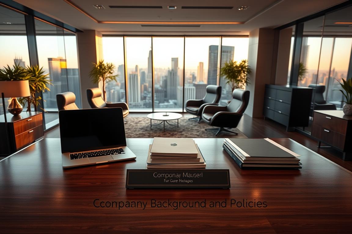 A well-appointed corporate office with a polished, professional atmosphere. The foreground features a large, wooden desk with a sleek laptop, a stack of files, and a nameplate denoting the "Company Background and Policies" section. The middle ground showcases modern, high-backed leather chairs and a plush area rug, creating a cozy yet sophisticated ambiance. The background reveals floor-to-ceiling windows offering a panoramic view of a bustling city skyline, bathed in warm, golden-hour lighting. The overall scene conveys a sense of authority, attention to detail, and a commitment to excellence, reflecting the subject of the article. A well-appointed corporate office with a polished, professional atmosphere. The foreground features a large, wooden desk with a sleek laptop, a stack of files, and a nameplate denoting the "Company Background and Policies" section. The middle ground showcases modern, high-backed leather chairs and a plush area rug, creating a cozy yet sophisticated ambiance. The background reveals floor-to-ceiling windows offering a panoramic view of a bustling city skyline, bathed in warm, golden-hour lighting. The overall scene conveys a sense of authority, attention to detail, and a commitment to excellence, reflecting the subject of the article.