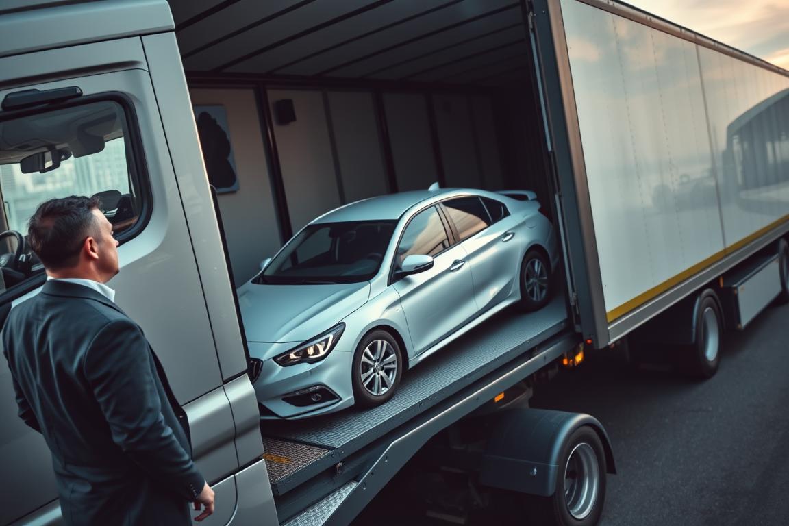 A well-lit, high-angle shot of an author's car being loaded onto a transport truck. The author, dressed in professional attire, stands nearby observing the process. The truck's cab is prominently featured, with its sleek, modern design conveying a sense of efficiency. The author's car, a mid-sized sedan, is secured on the truck's open trailer, its form neatly framed against the backdrop of a partially obscured urban landscape. Soft, directional lighting casts subtle shadows, creating depth and a sense of professionalism. The overall scene conveys the author's personal experience with the car transport service, reflecting the subject matter of the article. A well-lit, high-angle shot of an author's car being loaded onto a transport truck. The author, dressed in professional attire, stands nearby observing the process. The truck's cab is prominently featured, with its sleek, modern design conveying a sense of efficiency. The author's car, a mid-sized sedan, is secured on the truck's open trailer, its form neatly framed against the backdrop of a partially obscured urban landscape. Soft, directional lighting casts subtle shadows, creating depth and a sense of professionalism. The overall scene conveys the author's personal experience with the car transport service, reflecting the subject matter of the article.