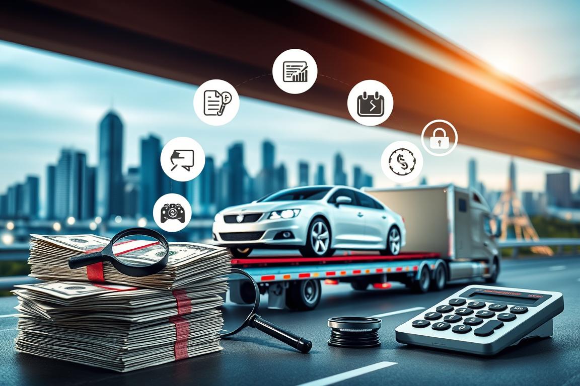 A well-lit, high-resolution image depicting thirteen distinct hacks to reduce car shipping costs. In the foreground, a stack of cash, a magnifying glass, and a calculator symbolize the financial savings. In the middle ground, a car on a shipping trailer is surrounded by icons representing various cost-cutting strategies, such as comparing quotes, negotiating prices, and using seasonal discounts. In the background, a cityscape with skyscrapers and highways suggests the broader context of the transportation industry. The overall atmosphere conveys a sense of optimized efficiency and financial prudence. A well-lit, high-resolution image depicting thirteen distinct hacks to reduce car shipping costs. In the foreground, a stack of cash, a magnifying glass, and a calculator symbolize the financial savings. In the middle ground, a car on a shipping trailer is surrounded by icons representing various cost-cutting strategies, such as comparing quotes, negotiating prices, and using seasonal discounts. In the background, a cityscape with skyscrapers and highways suggests the broader context of the transportation industry. The overall atmosphere conveys a sense of optimized efficiency and financial prudence.