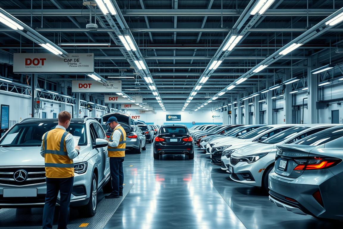 A well-lit, high-resolution photograph of a modern vehicle inspection facility, with a focus on the regulatory standards and compliance processes involved in car import procedures. In the foreground, a team of inspectors meticulously examines the documentation, safety features, and emissions systems of a recently imported vehicle, ensuring it meets all DOT and EPA requirements. In the middle ground, a collection of various makes and models of cars awaiting their turn for inspection, conveying the scale and complexity of the import process. The background features signage, equipment, and infrastructure that highlight the technical nature of the facility, creating a sense of professionalism and attention to detail. The overall scene should convey a sense of order, efficiency, and a commitment to upholding regulatory standards, reflecting the "regulatory compliance made simple" theme of the article section. A well-lit, high-resolution photograph of a modern vehicle inspection facility, with a focus on the regulatory standards and compliance processes involved in car import procedures. In the foreground, a team of inspectors meticulously examines the documentation, safety features, and emissions systems of a recently imported vehicle, ensuring it meets all DOT and EPA requirements. In the middle ground, a collection of various makes and models of cars awaiting their turn for inspection, conveying the scale and complexity of the import process. The background features signage, equipment, and infrastructure that highlight the technical nature of the facility, creating a sense of professionalism and attention to detail. The overall scene should convey a sense of order, efficiency, and a commitment to upholding regulatory standards, reflecting the "regulatory compliance made simple" theme of the article section.