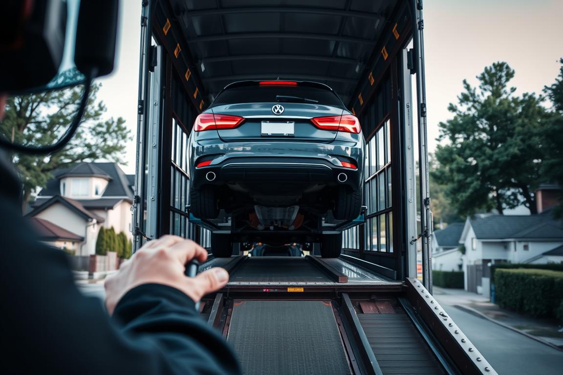 A well-lit, mid-angle shot of a car carrier truck transporting vehicles, with a focus on the loading process. In the foreground, a driver carefully guides a car onto the elevated ramp, their hands visible as they maneuver the vehicle. The middle ground showcases the carrier's interior, revealing the organized stacking of several cars. In the background, a residential neighborhood or urban setting provides a glimpse of the access challenges faced during door-to-door shipping. The scene conveys a sense of precision, efficiency, and the logistical considerations involved in the door-to-door car shipping process. A well-lit, mid-angle shot of a car carrier truck transporting vehicles, with a focus on the loading process. In the foreground, a driver carefully guides a car onto the elevated ramp, their hands visible as they maneuver the vehicle. The middle ground showcases the carrier's interior, revealing the organized stacking of several cars. In the background, a residential neighborhood or urban setting provides a glimpse of the access challenges faced during door-to-door shipping. The scene conveys a sense of precision, efficiency, and the logistical considerations involved in the door-to-door car shipping process.