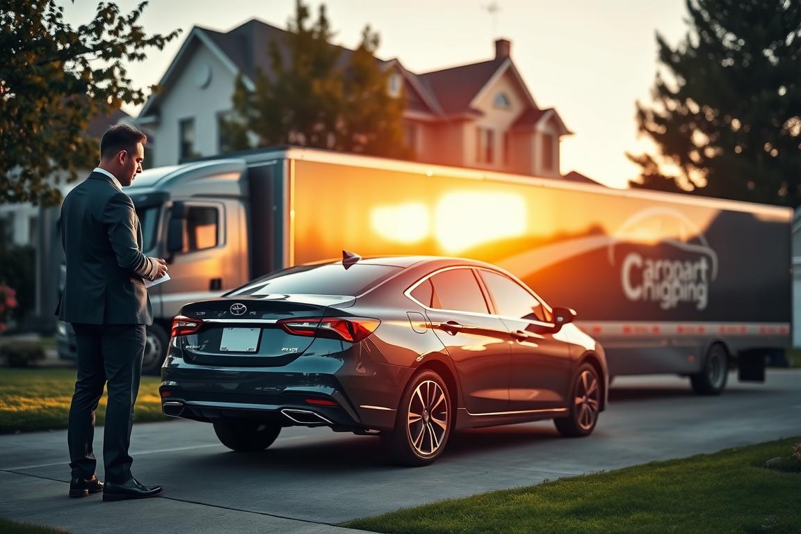 A well-organized car pickup delivery scene in a suburban driveway during the early evening. In the foreground, a professional-looking individual in business casual attire is inspecting a sleek sedan ready for transport, standing beside a transport truck parked nearby. The middle layer features a modern transport truck designed for car deliveries, gleaming under the warm golden light of the sunset, with the logo of a car shipping company visible. In the background, a typical suburban house with manicured lawns and trees creates a serene atmosphere, highlighting the care involved in the transportation process. Soft shadows add depth, and the warm glow evokes a sense of professionalism and trust, emphasizing the importance of preparing a car for delivery. A well-organized car pickup delivery scene in a suburban driveway during the early evening. In the foreground, a professional-looking individual in business casual attire is inspecting a sleek sedan ready for transport, standing beside a transport truck parked nearby. The middle layer features a modern transport truck designed for car deliveries, gleaming under the warm golden light of the sunset, with the logo of a car shipping company visible. In the background, a typical suburban house with manicured lawns and trees creates a serene atmosphere, highlighting the care involved in the transportation process. Soft shadows add depth, and the warm glow evokes a sense of professionalism and trust, emphasizing the importance of preparing a car for delivery.