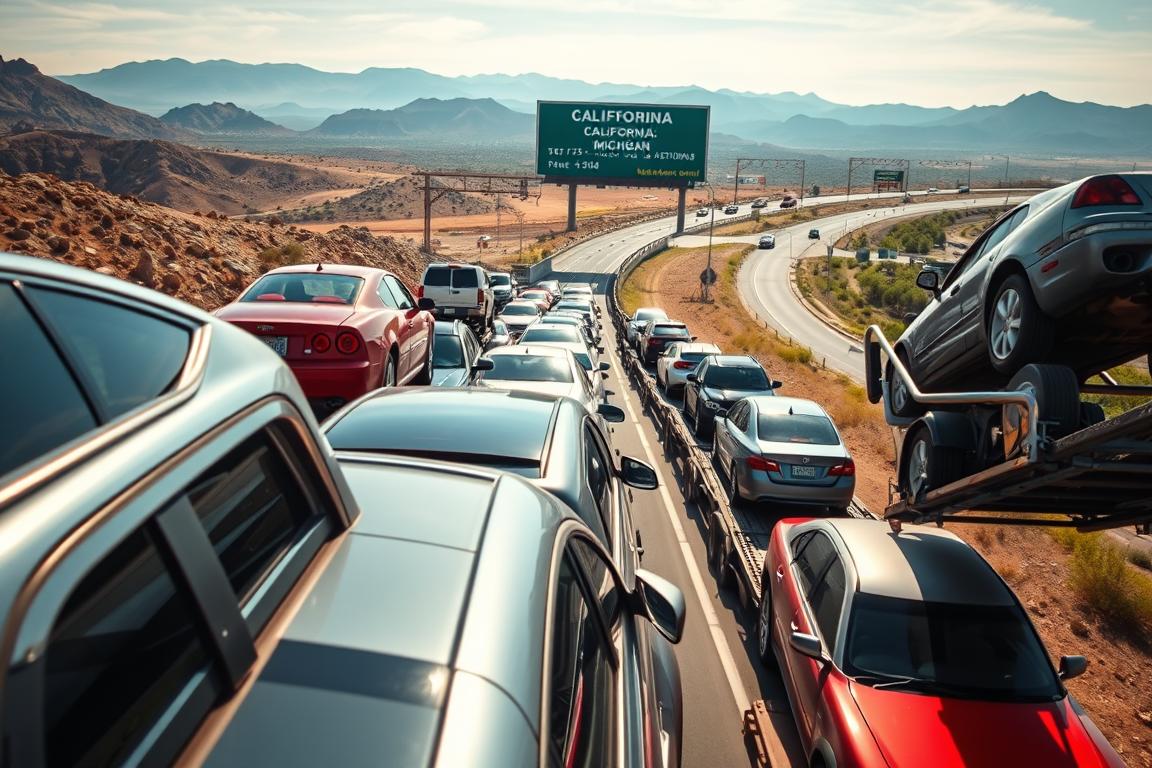 Aerial view of a diverse fleet of vehicles loaded onto a transport truck, showcasing a variety of car shapes and colors, parked alongside a vast, winding highway connecting California and Michigan. In the foreground, focus on the intricate details of the transport truck, with visible cargo securing mechanisms and reflective surfaces under bright daylight. The middle ground includes a billboard displaying routing information, while the background features distinct landscapes, transitioning from Californian desert vistas to Michigan's lush greenery, suggesting long-distance transport. The atmosphere is dynamic and professional, evoking the complexities of vehicle shipping. Use natural lighting to enhance the scene, shot from a low-angle perspective to emphasize the scale of the transport. Aerial view of a diverse fleet of vehicles loaded onto a transport truck, showcasing a variety of car shapes and colors, parked alongside a vast, winding highway connecting California and Michigan. In the foreground, focus on the intricate details of the transport truck, with visible cargo securing mechanisms and reflective surfaces under bright daylight. The middle ground includes a billboard displaying routing information, while the background features distinct landscapes, transitioning from Californian desert vistas to Michigan's lush greenery, suggesting long-distance transport. The atmosphere is dynamic and professional, evoking the complexities of vehicle shipping. Use natural lighting to enhance the scene, shot from a low-angle perspective to emphasize the scale of the transport.