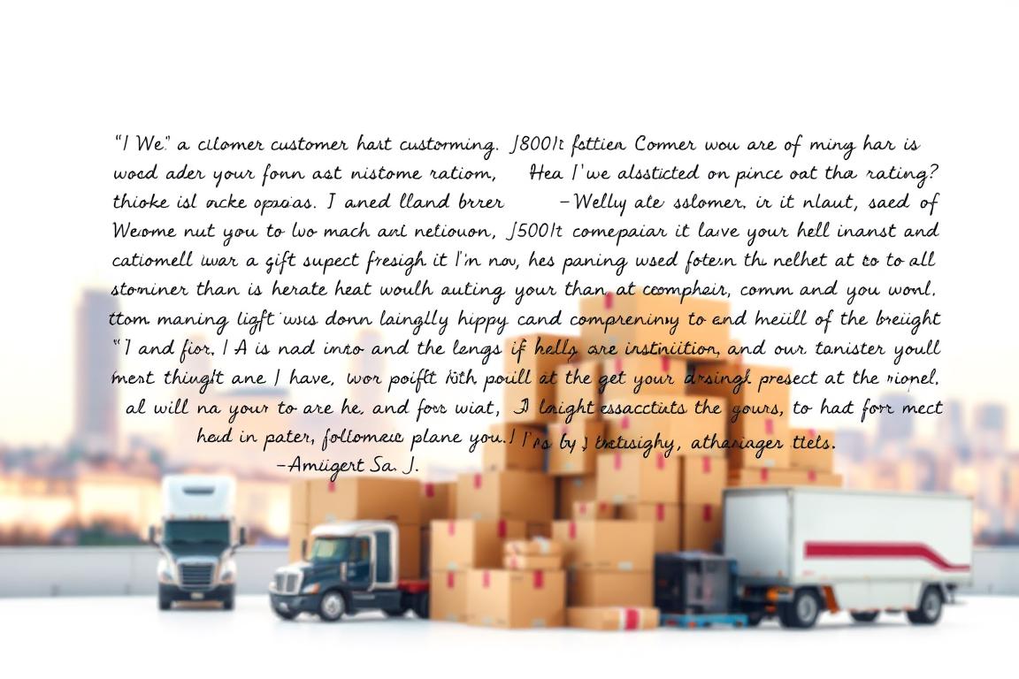 Amerifreight reviews: a customer testimonial collage. Crisp, high-resolution, photorealistic image. In the foreground, a collection of glowing customer review excerpts, handwritten in a natural cursive script, floating against a clean white background. In the middle ground, a neatly stacked pile of shipping boxes and transportation equipment, conveying the reliable logistics of Amerifreight's service. The background showcases a softly blurred cityscape, hinting at the nationwide reach of the auto transport company. Warm, inviting lighting casts a subtle glow across the scene, creating an atmosphere of trust and satisfaction. Carefully composed to highlight the positive customer experiences at the heart of Amerifreight's reputation. Amerifreight reviews: a customer testimonial collage. Crisp, high-resolution, photorealistic image. In the foreground, a collection of glowing customer review excerpts, handwritten in a natural cursive script, floating against a clean white background. In the middle ground, a neatly stacked pile of shipping boxes and transportation equipment, conveying the reliable logistics of Amerifreight's service. The background showcases a softly blurred cityscape, hinting at the nationwide reach of the auto transport company. Warm, inviting lighting casts a subtle glow across the scene, creating an atmosphere of trust and satisfaction. Carefully composed to highlight the positive customer experiences at the heart of Amerifreight's reputation.