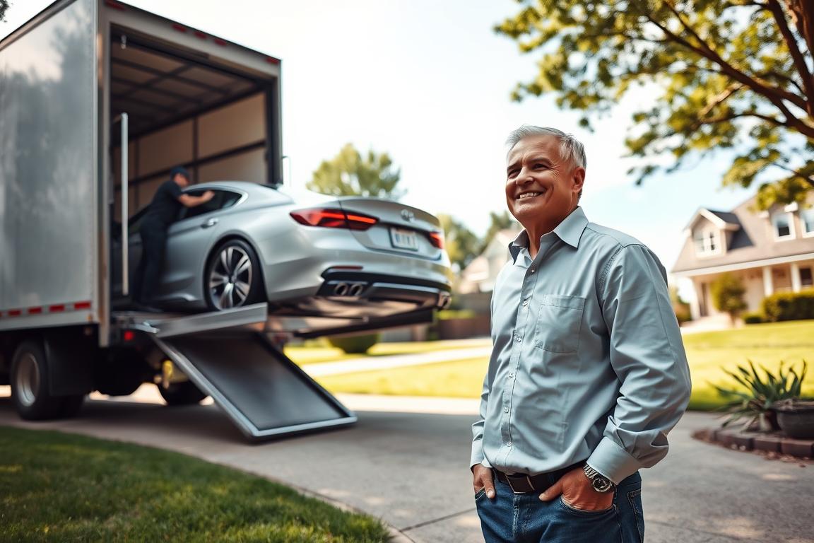 An idyllic scene of a brand-new car being delivered to a residential driveway on a warm, sunny day. The vehicle, a sleek silver sedan, is being carefully unloaded from a large transport truck by two uniformed delivery workers. In the foreground, the homeowner, a middle-aged professional, watches the process with a satisfied smile, hands in pockets. The suburban neighborhood in the background is lush and verdant, with well-manicured lawns and a peaceful atmosphere. Soft, diffused lighting creates a welcoming ambiance, while a low-angle perspective emphasizes the size and stature of the delivered car. The overall tone is one of pride, accomplishment, and the excitement of receiving a long-awaited purchase. An idyllic scene of a brand-new car being delivered to a residential driveway on a warm, sunny day. The vehicle, a sleek silver sedan, is being carefully unloaded from a large transport truck by two uniformed delivery workers. In the foreground, the homeowner, a middle-aged professional, watches the process with a satisfied smile, hands in pockets. The suburban neighborhood in the background is lush and verdant, with well-manicured lawns and a peaceful atmosphere. Soft, diffused lighting creates a welcoming ambiance, while a low-angle perspective emphasizes the size and stature of the delivered car. The overall tone is one of pride, accomplishment, and the excitement of receiving a long-awaited purchase.