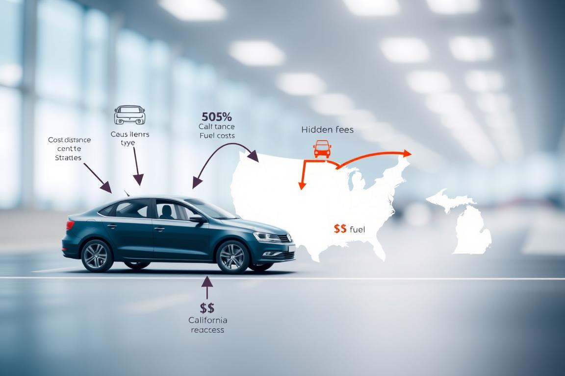 An informative visual representation capturing the cost factors for vehicle transport. In the foreground, a detailed infographic style depiction of a car with arrows pointing to icons representing distance, vehicle type, timing, and fuel costs. In the middle ground, a stylized map of the United States highlighting the route from California to Michigan, with dollar signs and small graphics depicting hidden fees. The background features a blend of soft blues and grays, suggesting a professional atmosphere. The overall lighting is bright and clear, evoking a sense of transparency and clarity in cost logistics. The image is designed with a focus on organization and readability, without any textual elements present. An informative visual representation capturing the cost factors for vehicle transport. In the foreground, a detailed infographic style depiction of a car with arrows pointing to icons representing distance, vehicle type, timing, and fuel costs. In the middle ground, a stylized map of the United States highlighting the route from California to Michigan, with dollar signs and small graphics depicting hidden fees. The background features a blend of soft blues and grays, suggesting a professional atmosphere. The overall lighting is bright and clear, evoking a sense of transparency and clarity in cost logistics. The image is designed with a focus on organization and readability, without any textual elements present.