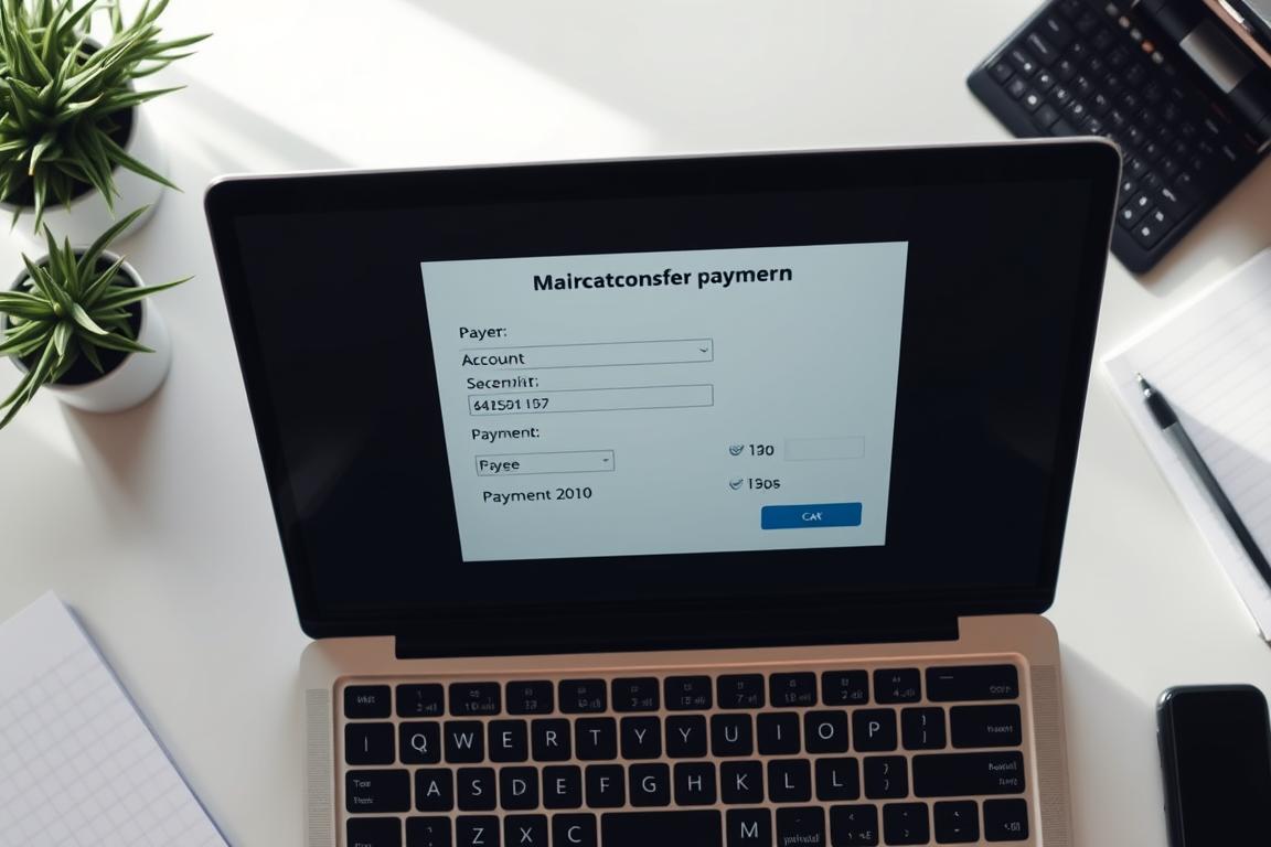 An overhead view of an ACH bank transfer form for a vehicle payment, displayed on a laptop or desktop computer screen. The form shows the relevant fields to be filled out, such as the payer's checking account number, the payee's information, the payment amount, and the payment date. The background is a clean, professional office desk with a neutral color scheme, providing a sense of a business transaction. Lighting is soft and natural, creating a calm and trustworthy atmosphere. The composition emphasizes the ease and security of using a checking account to make a car purchase online. An overhead view of an ACH bank transfer form for a vehicle payment, displayed on a laptop or desktop computer screen. The form shows the relevant fields to be filled out, such as the payer's checking account number, the payee's information, the payment amount, and the payment date. The background is a clean, professional office desk with a neutral color scheme, providing a sense of a business transaction. Lighting is soft and natural, creating a calm and trustworthy atmosphere. The composition emphasizes the ease and security of using a checking account to make a car purchase online.