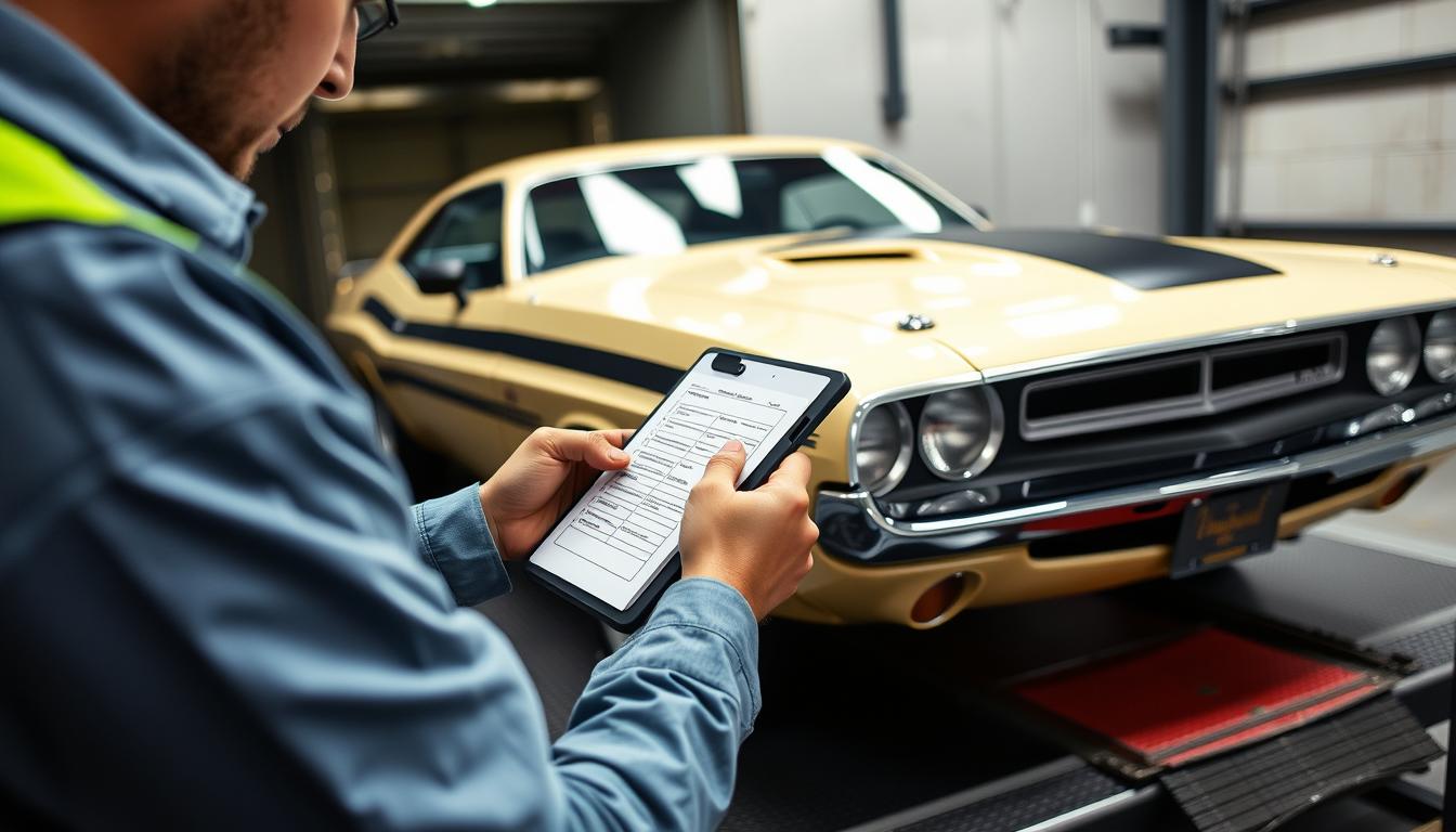 Classic car being prepared for shipping with checklist Classic car being prepared for shipping with checklist
