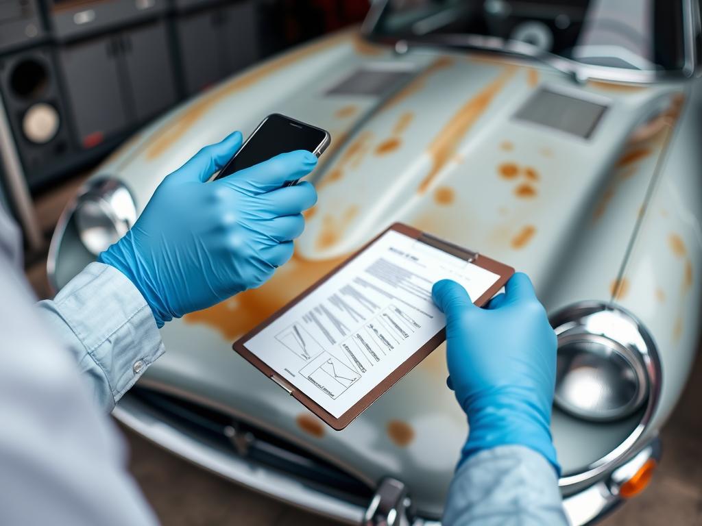 Classic car being prepared for shipping with inspection Classic car being prepared for shipping with inspection