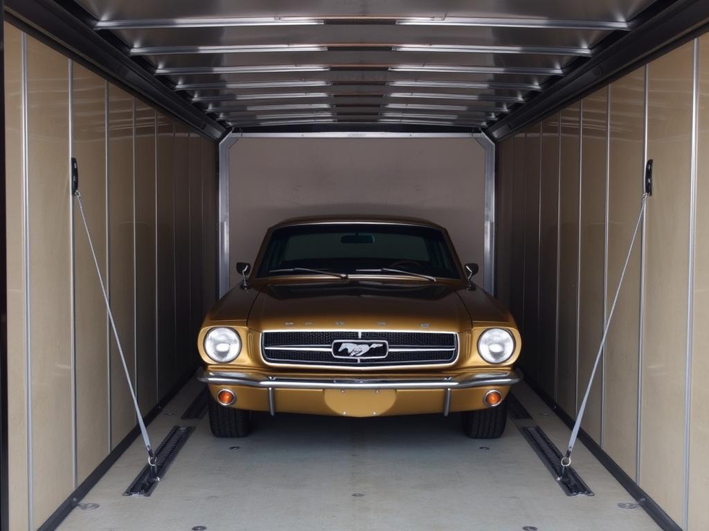 Classic car secured inside enclosed transport trailer Classic car secured inside enclosed transport trailer