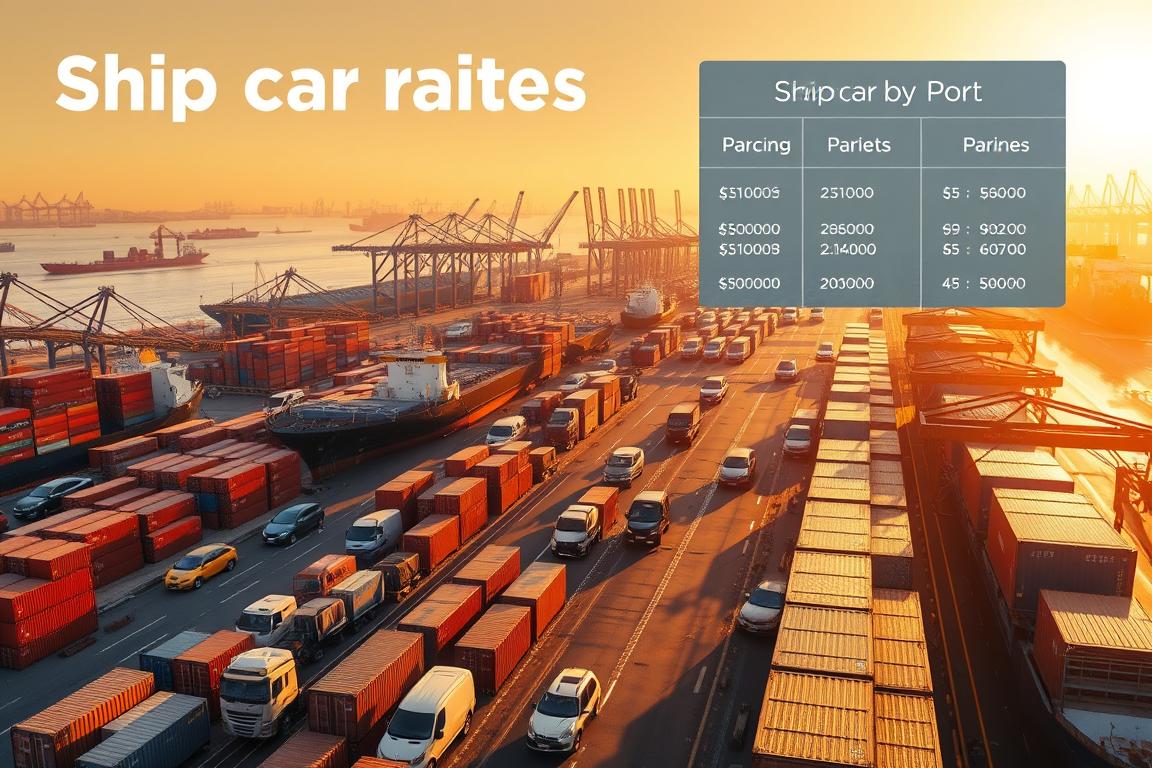 Detailed illustration of ship car rates by port, showcasing realistic pricing snapshots. A wide angle view of a bustling port with rows of cargo ships and containers in the foreground, middle ground featuring vehicles being loaded and unloaded, and a background of dockside warehouses and cranes. The scene is bathed in warm, golden afternoon light with long shadows and a hazy, atmospheric quality. Crisp, photorealistic rendering with a sense of scale and depth, highlighting the complex logistics and infrastructure involved in international vehicle transport. Detailed illustration of ship car rates by port, showcasing realistic pricing snapshots. A wide angle view of a bustling port with rows of cargo ships and containers in the foreground, middle ground featuring vehicles being loaded and unloaded, and a background of dockside warehouses and cranes. The scene is bathed in warm, golden afternoon light with long shadows and a hazy, atmospheric quality. Crisp, photorealistic rendering with a sense of scale and depth, highlighting the complex logistics and infrastructure involved in international vehicle transport.