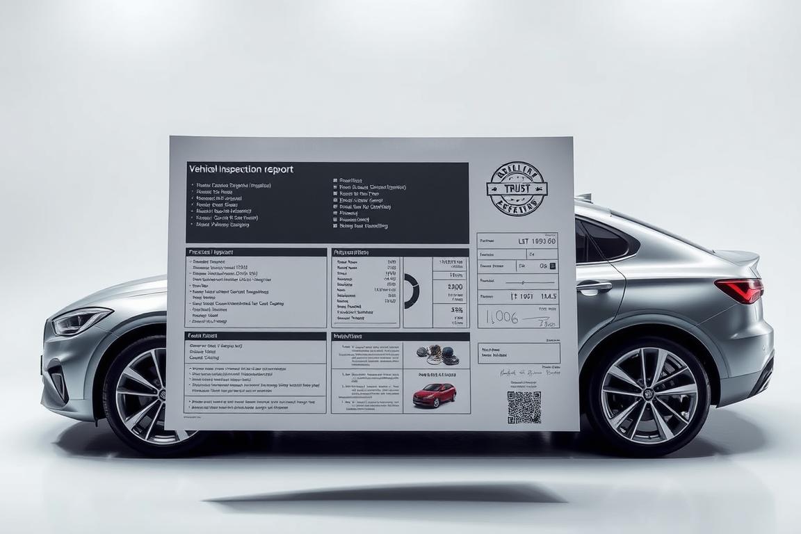 Detailed vehicle inspection report on a sleek, modern car against a clean, professional background. The report features precise technical specifications, comprehensive inspection details, and a quality assurance stamp, conveying a sense of trust and reliability. The lighting is soft and uniform, with subtle shadows accentuating the report's crisp lines and clear organization. The overall mood is one of diligence, transparency, and the assurance of a thorough, trustworthy evaluation. Detailed vehicle inspection report on a sleek, modern car against a clean, professional background. The report features precise technical specifications, comprehensive inspection details, and a quality assurance stamp, conveying a sense of trust and reliability. The lighting is soft and uniform, with subtle shadows accentuating the report's crisp lines and clear organization. The overall mood is one of diligence, transparency, and the assurance of a thorough, trustworthy evaluation.