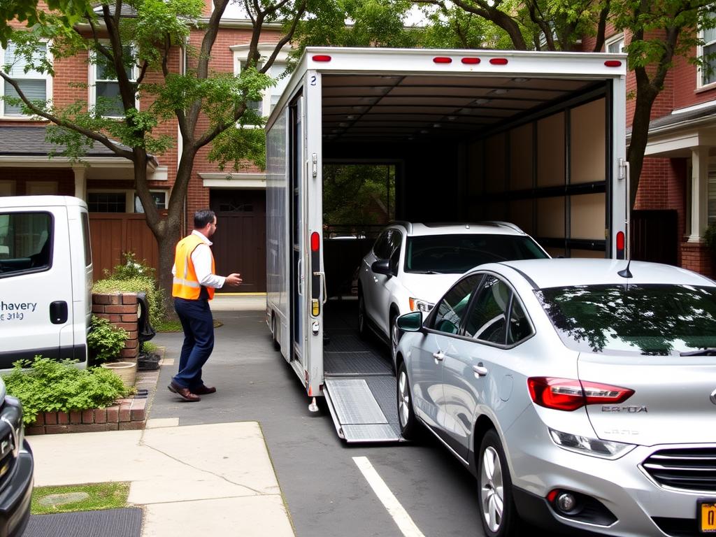 Door-to-door car shipping service in a residential New York neighborhood