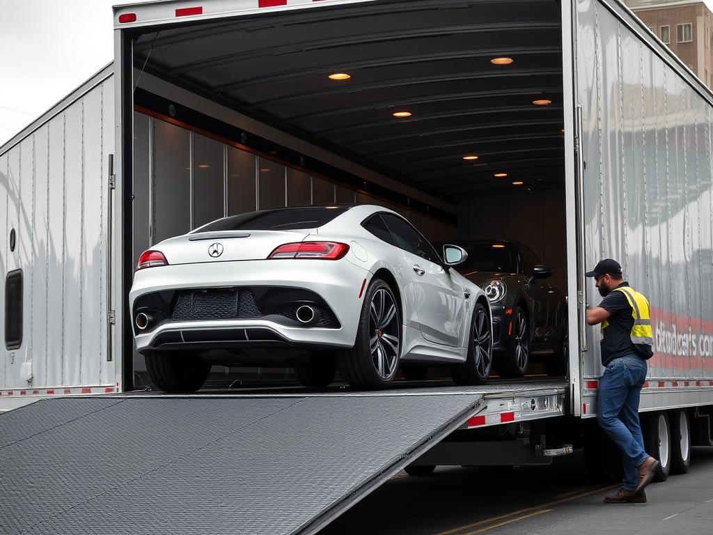 Enclosed car transport trailer protecting luxury vehicles during New York shipping