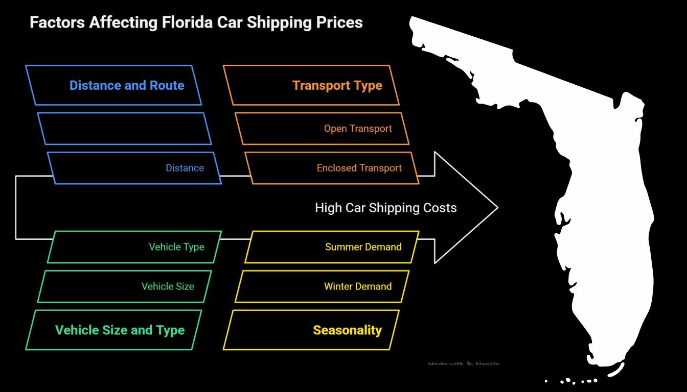 Florida car shipping cost factors illustrated with map and price indicators Florida car shipping cost factors illustrated with map and price indicators