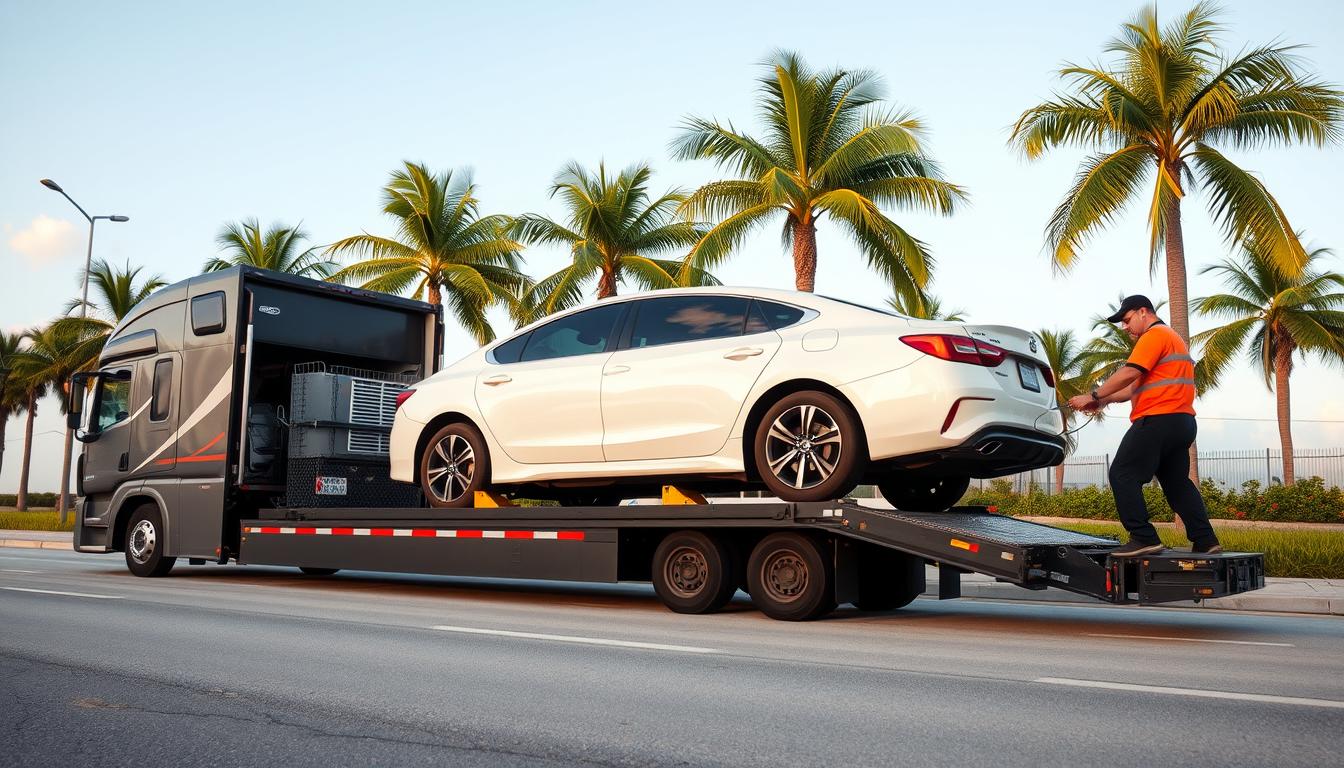 Florida car shipping process showing vehicle loading onto auto transport carrier Florida car shipping process showing vehicle loading onto auto transport carrier