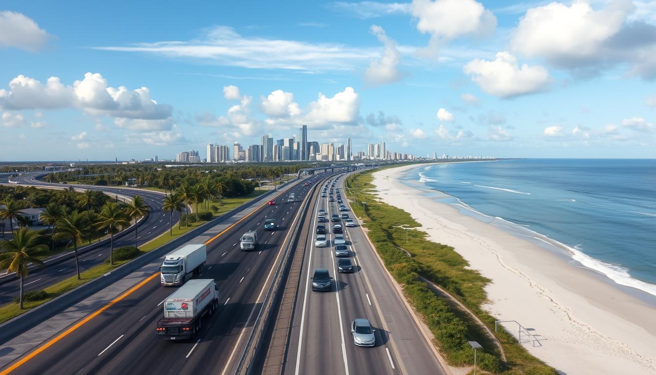 Florida landscape with palm trees and highways for car shipping services Florida landscape with palm trees and highways for car shipping services