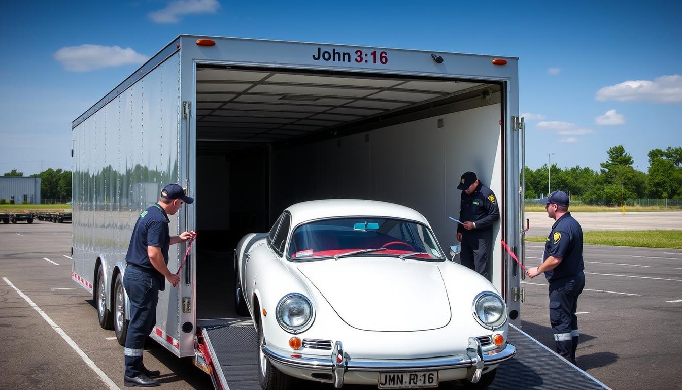 John 3:16 Transport enclosed trailer with classic car being carefully loaded John 3:16 Transport enclosed trailer with classic car being carefully loaded