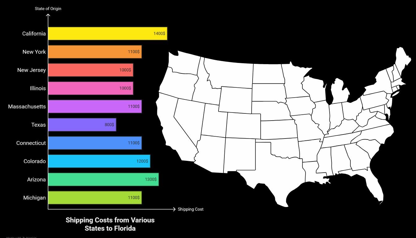Map showing popular Florida car shipping routes across the United States Map showing popular Florida car shipping routes across the United States