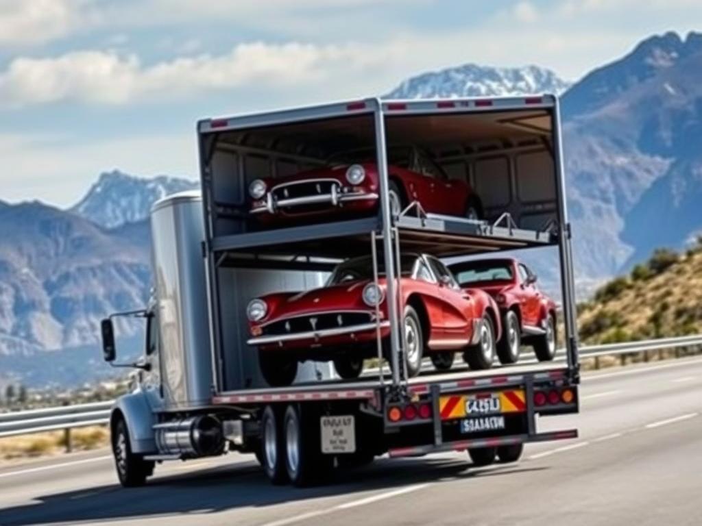 Open car carrier transporting classic vehicles