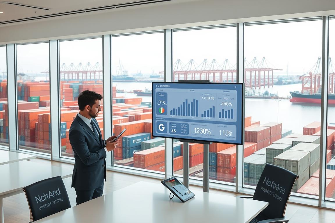 Prompt A sleek, modern office interior with floor-to-ceiling windows overlooking a bustling cargo shipping port. In the foreground, a well-dressed professional stands at a desk, reviewing a tablet displaying various carrier logos and pricing options. In the middle ground, a large monitor shows comparison charts and graphs of shipping rates and delivery times. The background features rows of towering cargo containers stacked high, with cranes and ships in the distance, conveying the scale and complexity of global logistics. Bright, even lighting illuminates the scene, creating a sense of professionalism and productivity. The overall mood is one of informed decision-making and efficient transportation solutions. Prompt A sleek, modern office interior with floor-to-ceiling windows overlooking a bustling cargo shipping port. In the foreground, a well-dressed professional stands at a desk, reviewing a tablet displaying various carrier logos and pricing options. In the middle ground, a large monitor shows comparison charts and graphs of shipping rates and delivery times. The background features rows of towering cargo containers stacked high, with cranes and ships in the distance, conveying the scale and complexity of global logistics. Bright, even lighting illuminates the scene, creating a sense of professionalism and productivity. The overall mood is one of informed decision-making and efficient transportation solutions.