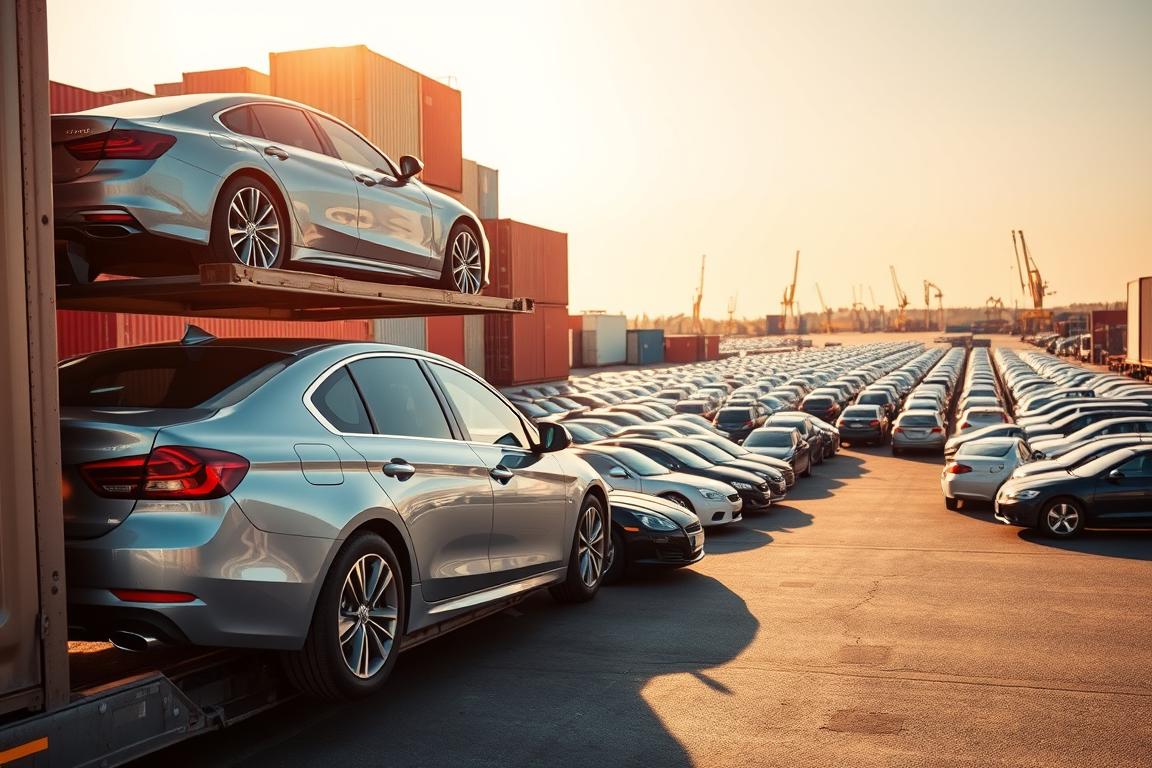 Prompt A wide-angle shot of an American auto shipping yard, bathed in warm afternoon sunlight. In the foreground, a shiny new sedan is being carefully loaded onto a multi-car carrier trailer, its glossy paint gleaming. In the middle ground, a fleet of various makes and models await their turn, neatly organized into rows. In the background, the yard is framed by towering stacks of shipping containers and the distant silhouettes of cranes, suggesting the scale and efficiency of the operation. The scene conveys a sense of precision, professionalism, and the reliable transport of vehicles across the country. Prompt A wide-angle shot of an American auto shipping yard, bathed in warm afternoon sunlight. In the foreground, a shiny new sedan is being carefully loaded onto a multi-car carrier trailer, its glossy paint gleaming. In the middle ground, a fleet of various makes and models await their turn, neatly organized into rows. In the background, the yard is framed by towering stacks of shipping containers and the distant silhouettes of cranes, suggesting the scale and efficiency of the operation. The scene conveys a sense of precision, professionalism, and the reliable transport of vehicles across the country.