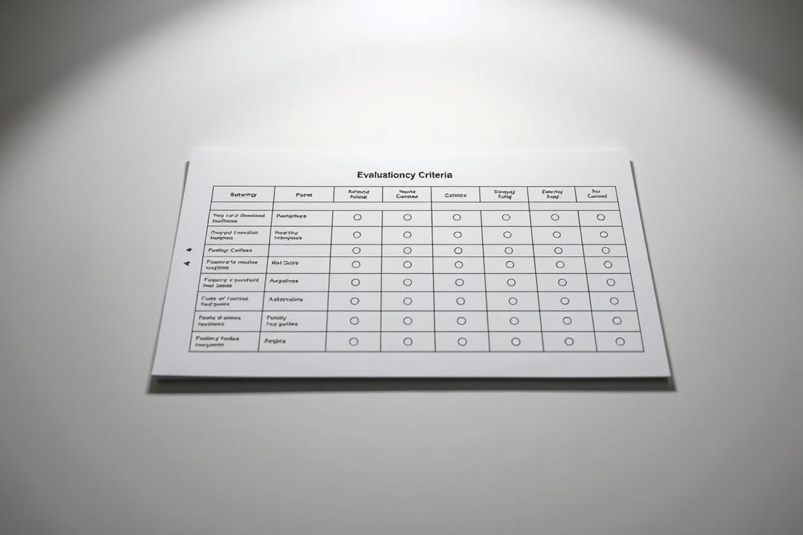 Sleek and professional evaluation scorecard on a minimalist table, with a spotlight illuminating the crisp, clean design. Precise rows and columns organize various criteria, each represented by a clearly defined icon or symbol. The scorecard's layout is visually striking, with a balanced, symmetrical composition that conveys a sense of order and attention to detail. The background is a muted, neutral tone, allowing the scorecard itself to be the focal point. The overall mood is one of authority, expertise, and objectivity, perfectly suited to illustrate the "Evaluation by Criteria" section of the article. Sleek and professional evaluation scorecard on a minimalist table, with a spotlight illuminating the crisp, clean design. Precise rows and columns organize various criteria, each represented by a clearly defined icon or symbol. The scorecard's layout is visually striking, with a balanced, symmetrical composition that conveys a sense of order and attention to detail. The background is a muted, neutral tone, allowing the scorecard itself to be the focal point. The overall mood is one of authority, expertise, and objectivity, perfectly suited to illustrate the "Evaluation by Criteria" section of the article.