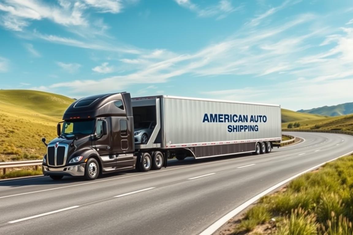 a sleek, modern auto transport truck carrying several automobiles, traveling along a winding interstate highway surrounded by lush rolling hills and a clear blue sky with wispy clouds. The truck's cab has a bold, muscular design and the trailer is a gleaming silver with the name "American Auto Shipping" prominently displayed. The lighting is bright and natural, highlighting the dynamic contours of the vehicle. The scene conveys a sense of efficiency, reliability, and the pride of American automotive industry. The composition places the truck in the center, with the background elements framing it in a balanced and visually appealing way. a sleek, modern auto transport truck carrying several automobiles, traveling along a winding interstate highway surrounded by lush rolling hills and a clear blue sky with wispy clouds. The truck's cab has a bold, muscular design and the trailer is a gleaming silver with the name "American Auto Shipping" prominently displayed. The lighting is bright and natural, highlighting the dynamic contours of the vehicle. The scene conveys a sense of efficiency, reliability, and the pride of American automotive industry. The composition places the truck in the center, with the background elements framing it in a balanced and visually appealing way.