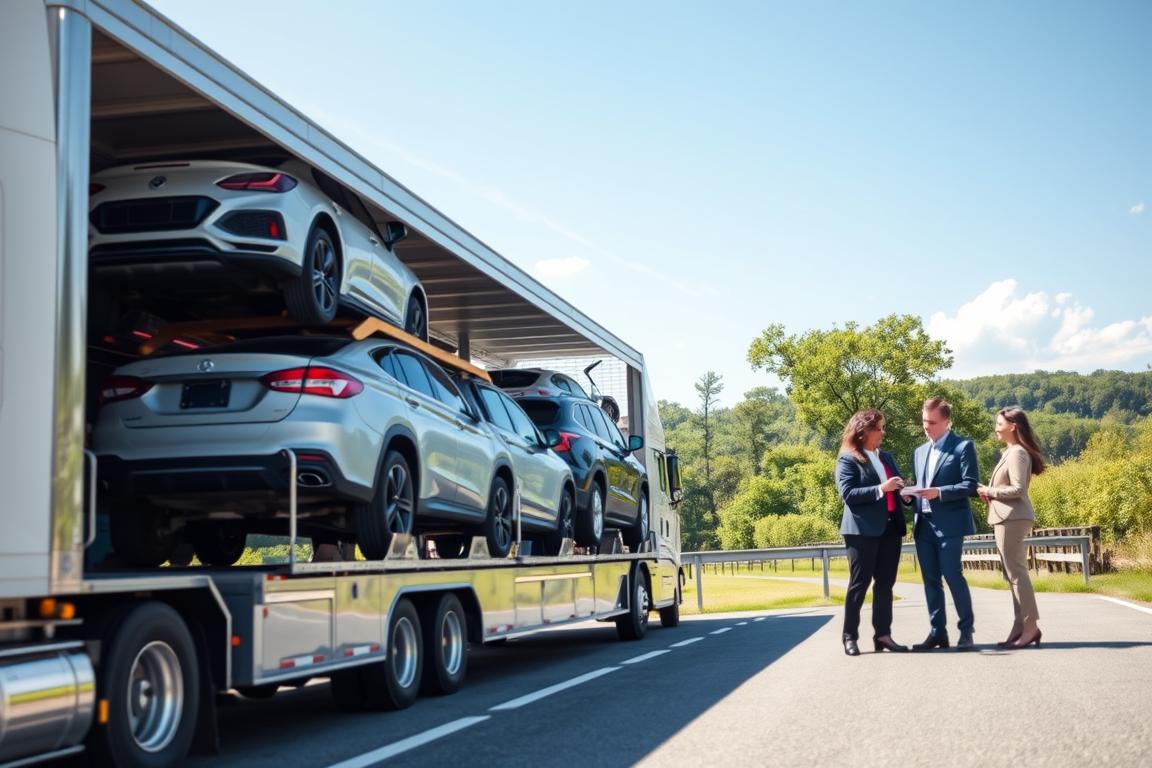A bright, professional image showcasing SGT Auto Transport services. In the foreground, a clean and modern vehicle transport truck is loaded with various vehicles, highlighting the company's efficient car shipping capabilities. In the middle ground, a diverse group of business professionals, dressed in smart attire, are discussing and reviewing transport logistics. The background features a sunny North Carolina landscape, with green trees and a clear blue sky, suggesting a trustworthy and reliable atmosphere. The lighting is natural and bright, giving a sense of optimism. The angle captures the action from a slightly elevated perspective, emphasizing the organized nature of the transport operation. The overall mood is confident and professional, reflecting trust and excellence in auto transport services. A bright, professional image showcasing SGT Auto Transport services. In the foreground, a clean and modern vehicle transport truck is loaded with various vehicles, highlighting the company's efficient car shipping capabilities. In the middle ground, a diverse group of business professionals, dressed in smart attire, are discussing and reviewing transport logistics. The background features a sunny North Carolina landscape, with green trees and a clear blue sky, suggesting a trustworthy and reliable atmosphere. The lighting is natural and bright, giving a sense of optimism. The angle captures the action from a slightly elevated perspective, emphasizing the organized nature of the transport operation. The overall mood is confident and professional, reflecting trust and excellence in auto transport services.
