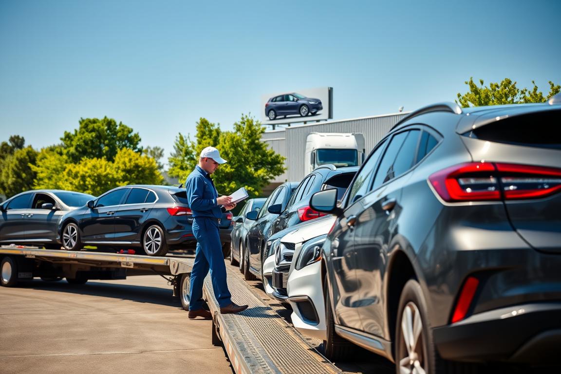 A bustling car shipping company in North Carolina during a clear blue day. In the foreground, a line of various vehicles, including sedans and SUVs, are parked neatly on a transport truck, ready for shipment. A professional truck driver, wearing a blue uniform and a cap, inspects the vehicle with a clipboard in hand. In the middle ground, the company’s warehouse is visible, showcasing a large sign with an image of a car on it, reflecting reliability and trust. In the background, lush green trees and a clear skyline hint at the North Carolina landscape. The lighting is bright and natural, casting soft shadows, creating a welcoming atmosphere that emphasizes professionalism and efficiency. The composition should capture the essence of a trustworthy car shipping service. A bustling car shipping company in North Carolina during a clear blue day. In the foreground, a line of various vehicles, including sedans and SUVs, are parked neatly on a transport truck, ready for shipment. A professional truck driver, wearing a blue uniform and a cap, inspects the vehicle with a clipboard in hand. In the middle ground, the company’s warehouse is visible, showcasing a large sign with an image of a car on it, reflecting reliability and trust. In the background, lush green trees and a clear skyline hint at the North Carolina landscape. The lighting is bright and natural, casting soft shadows, creating a welcoming atmosphere that emphasizes professionalism and efficiency. The composition should capture the essence of a trustworthy car shipping service.